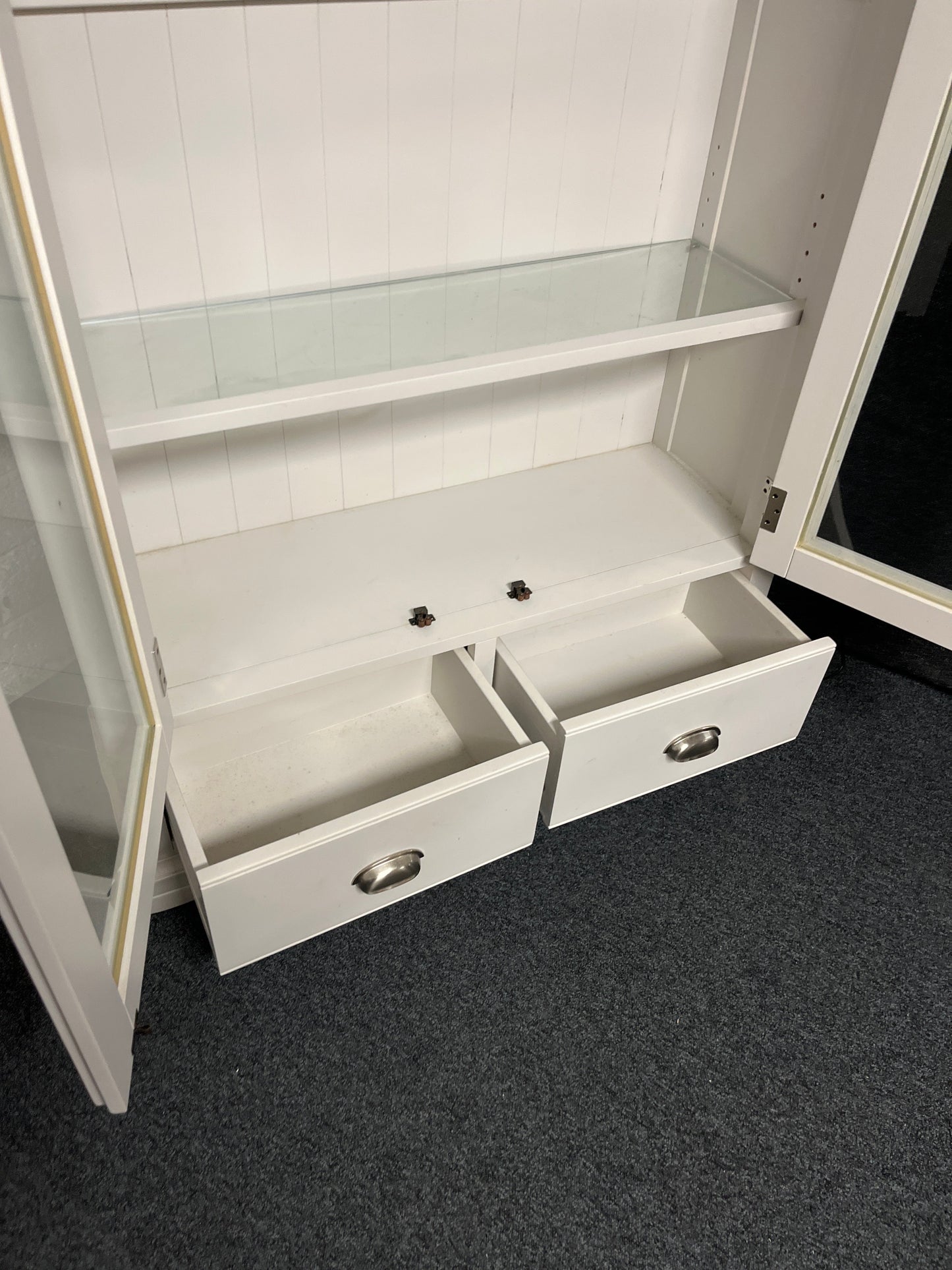 Tall grey painted 2 door glass display unit with natural oak top pelmet and base storage (H 1920 x W 1000 x D 360 mm) 1225