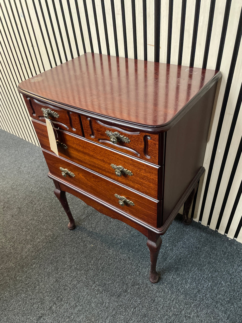 Ornate curved front 2 door 2 drawer chest on stem legs 2425