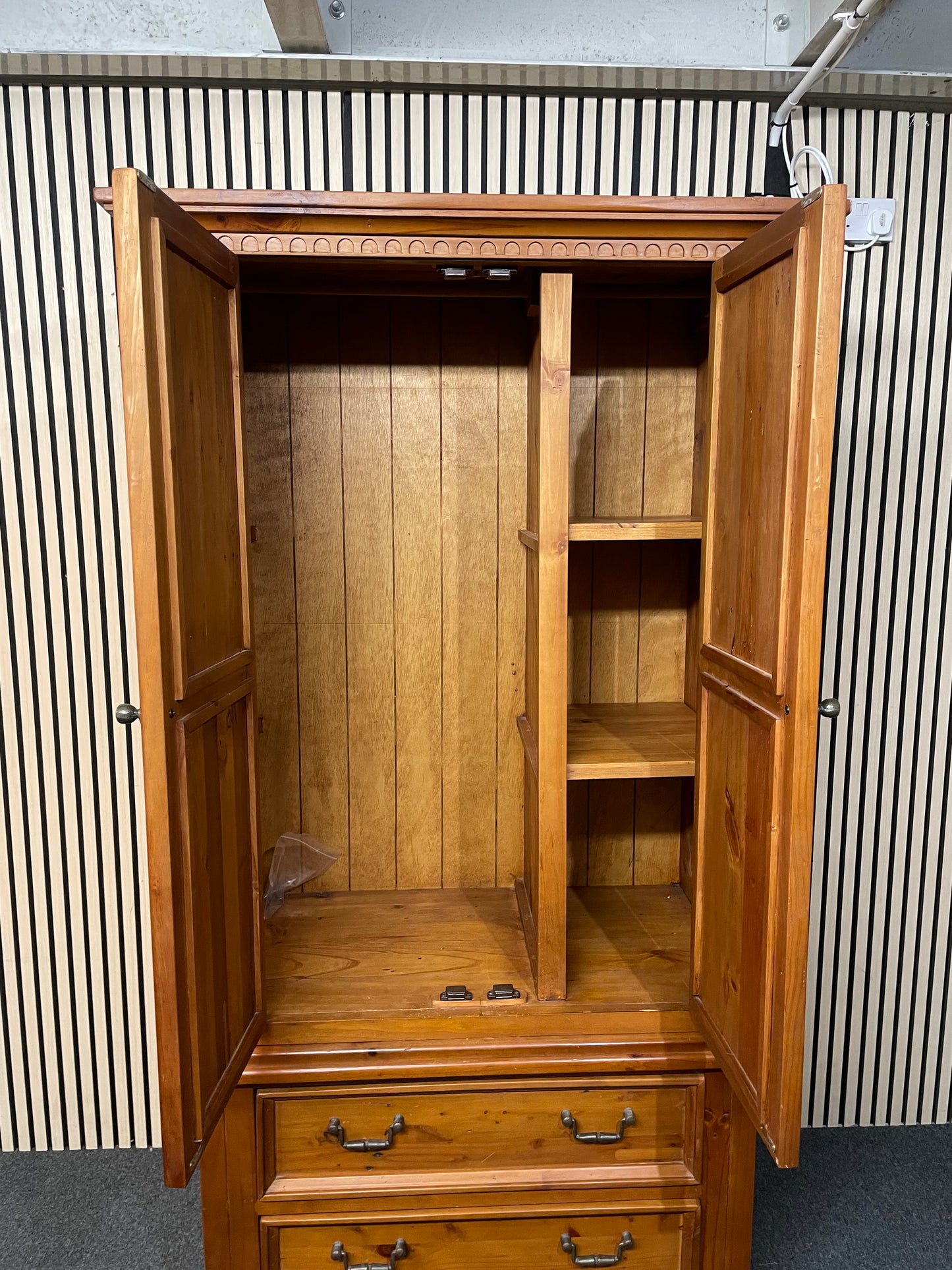 Natural solid pine ornate tall 2 door 2 drawer wardrobe with pelmet  (H 202 x W 105 x D 63 cm) 2425