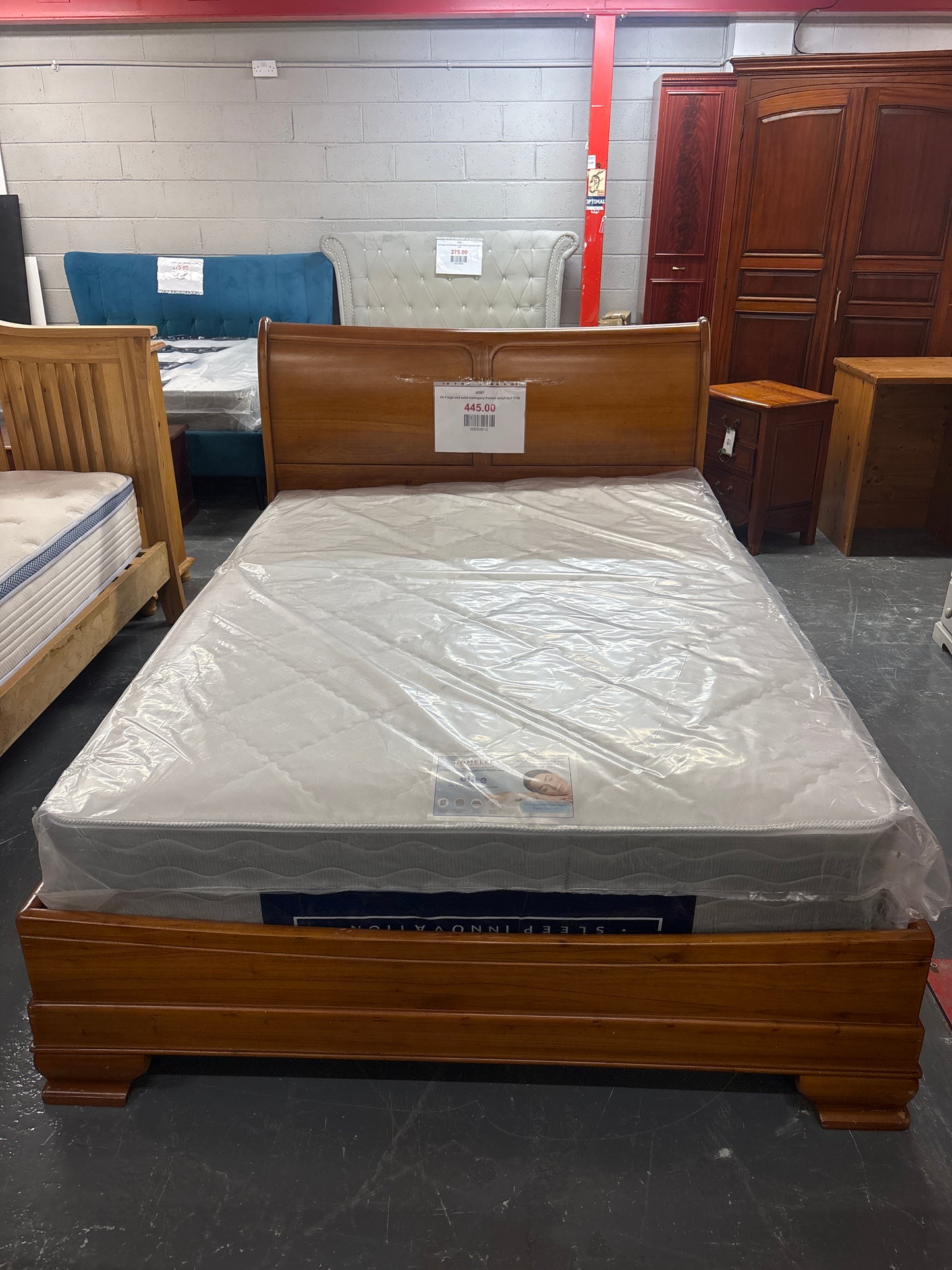 4ft 6 high end solid mahogany framed sleigh bed 3126