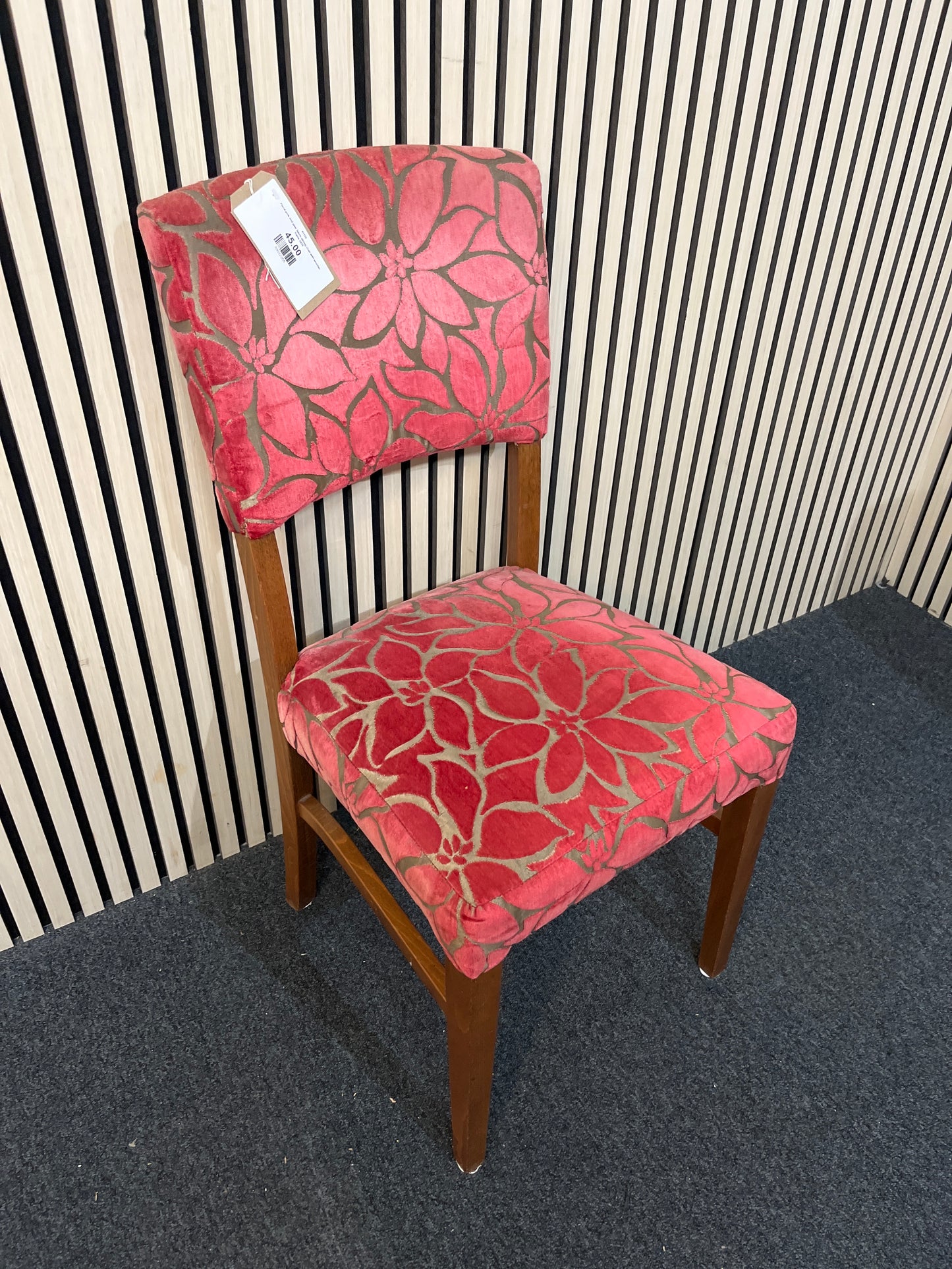 Floral pink and grey fabric dining chair with wooden frame 2425