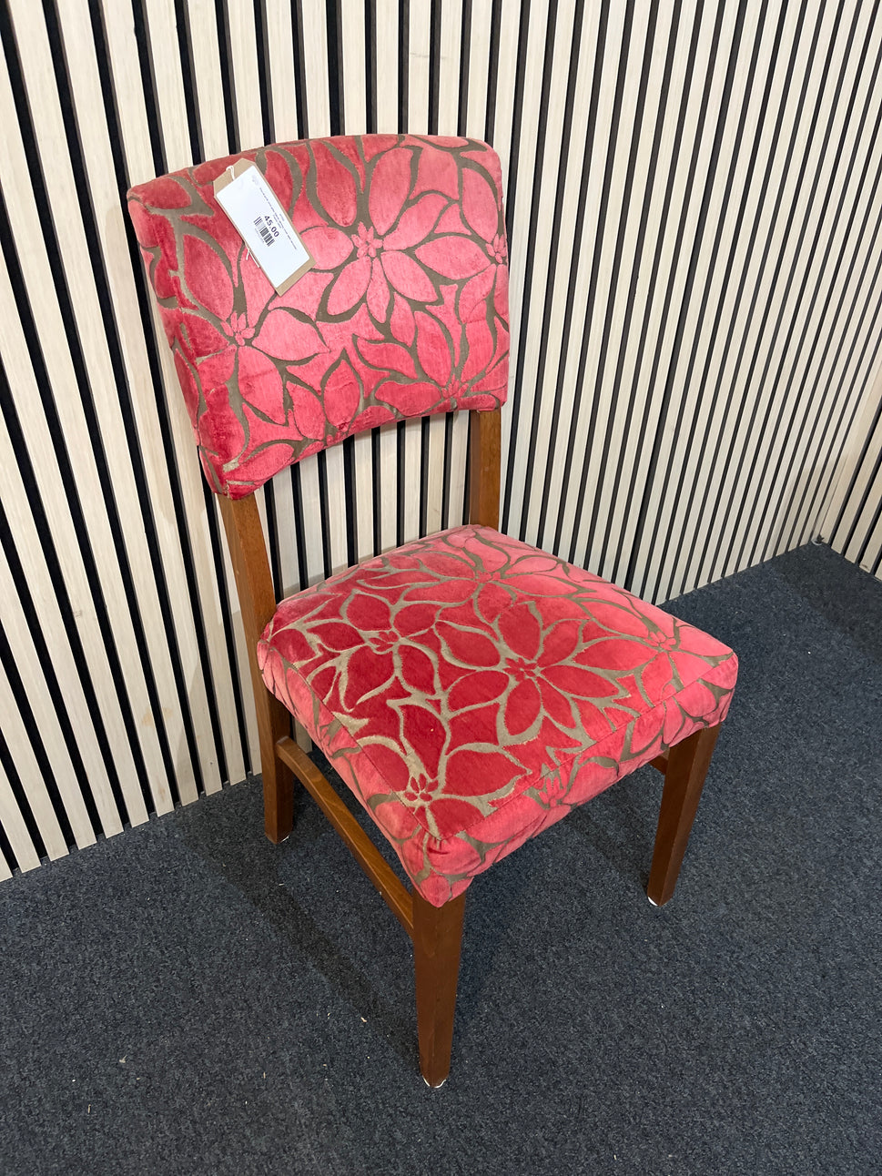Floral pink and grey fabric dining chair with wooden frame 2425