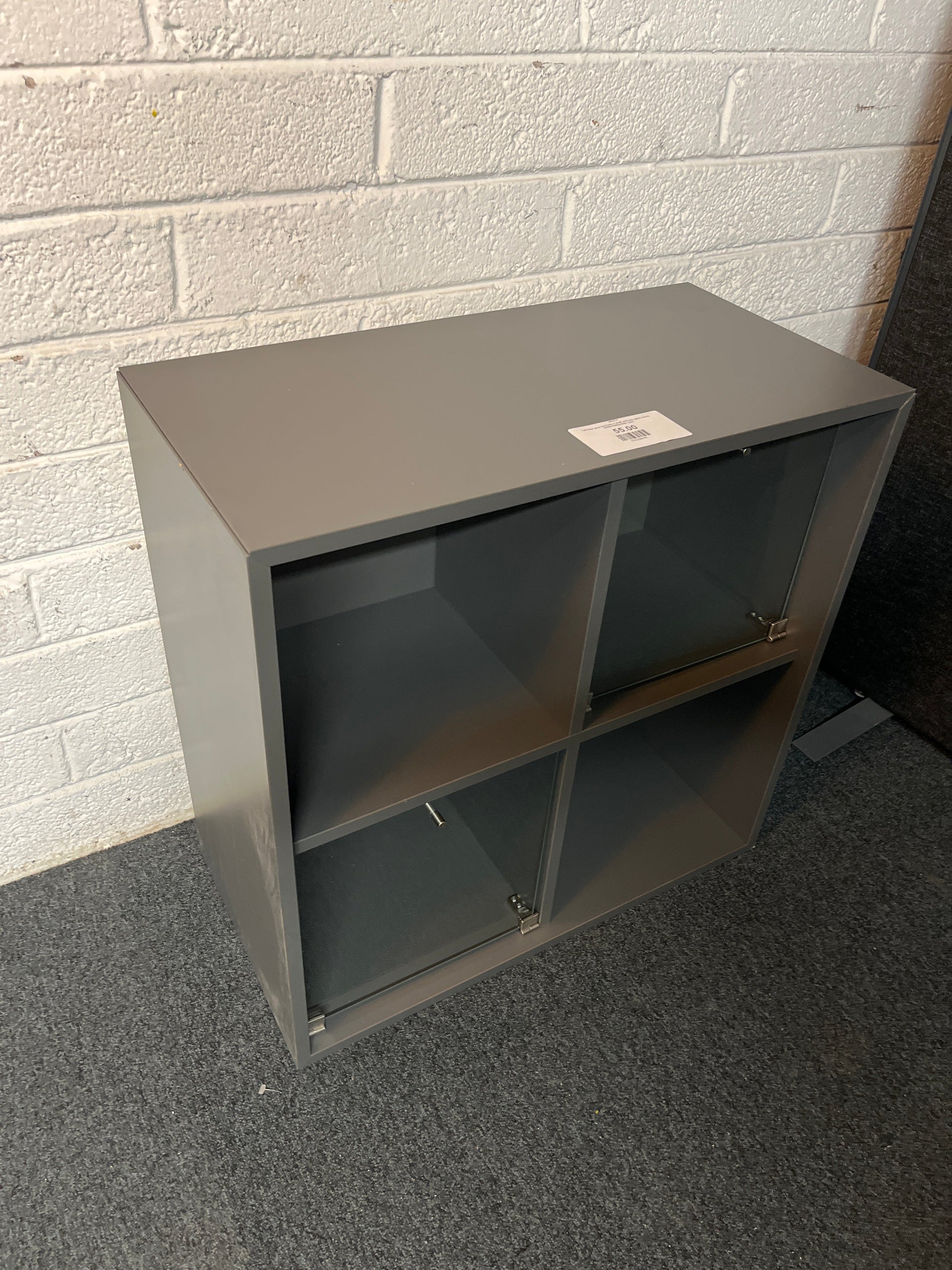 Tall Eket grey laminate 4 shelf with two glass doors 700Wx700Hx350D 2225
