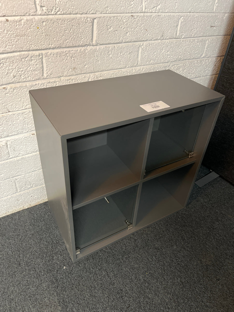 Tall Eket grey laminate 4 shelf with two glass doors 700Wx700Hx350D 2225