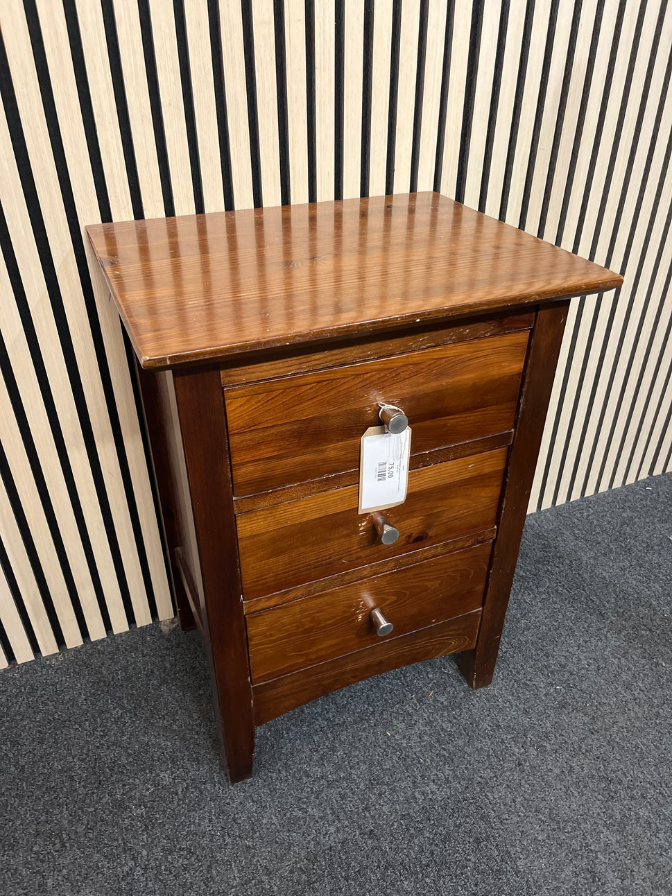 Solid pine stained 3 drawer bedside locker (H 70 x W 50 x D 40 cm)