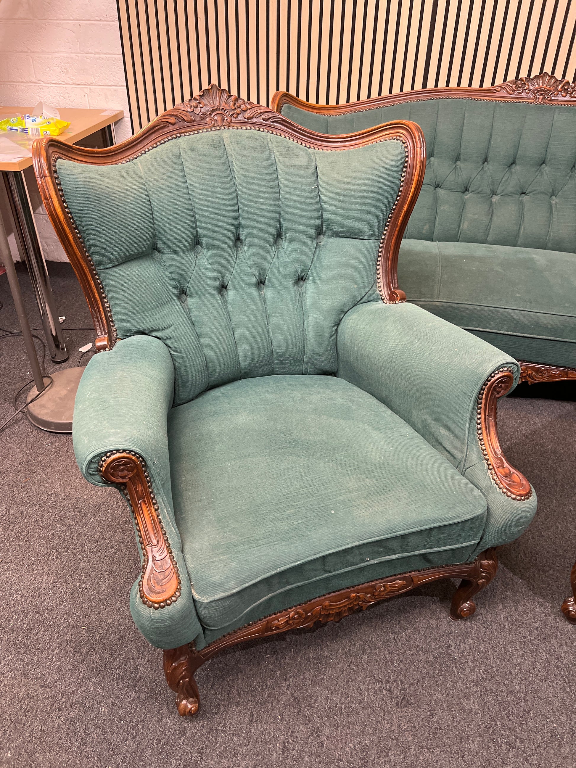 3+1+1 ornate mahogany framed wing back suite in dark green button back fabric E425 3126