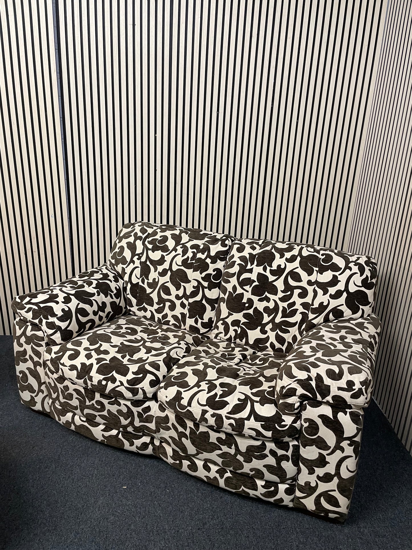 2 seater brown and cream floral fabric sofa (Width 160 cm) with matching armchair and ottomons  4225