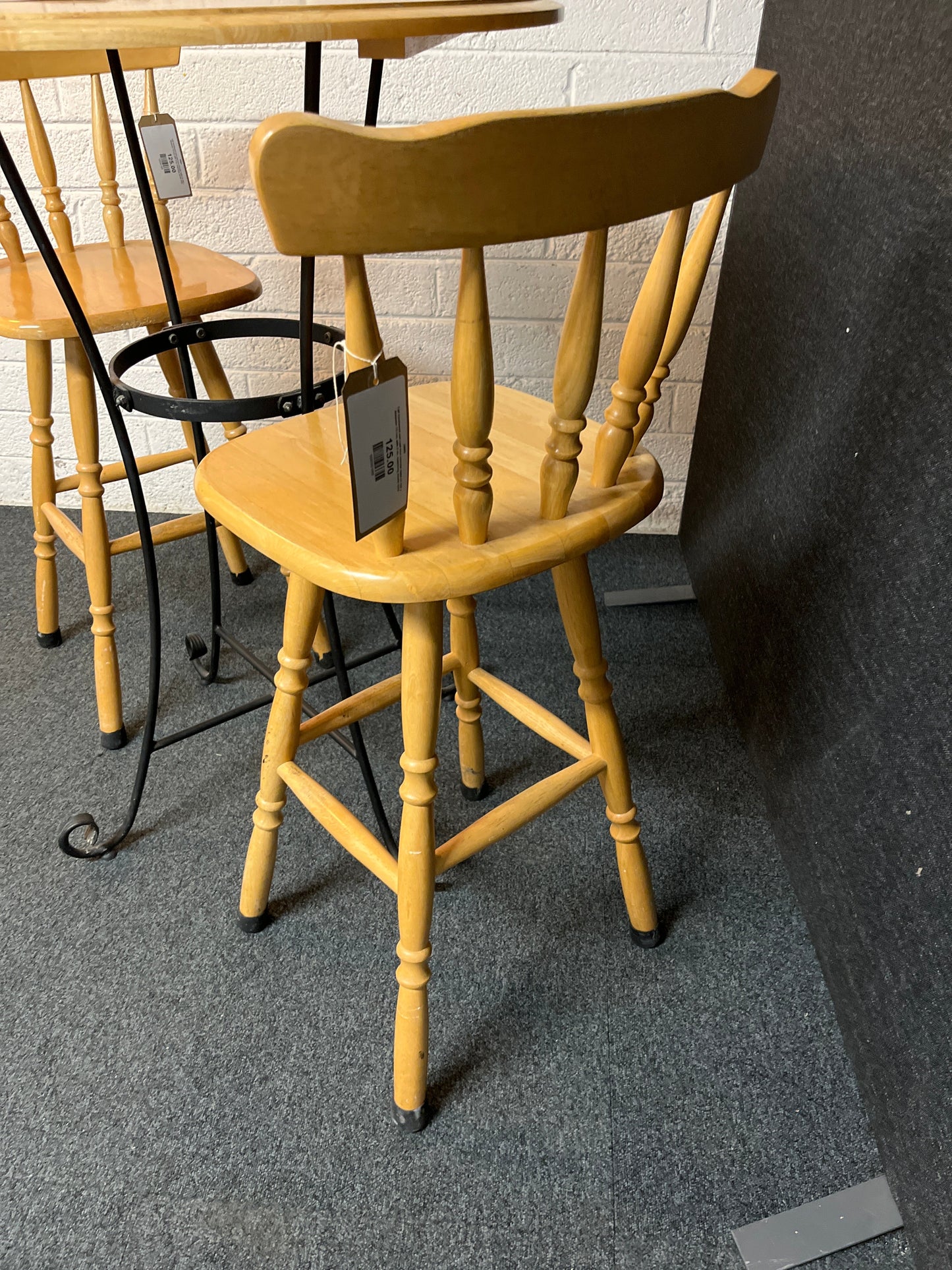 Tall Hardwood and cast iron circular table (H 106 x diameter 75 cm) with 2 no. matching stools 3225