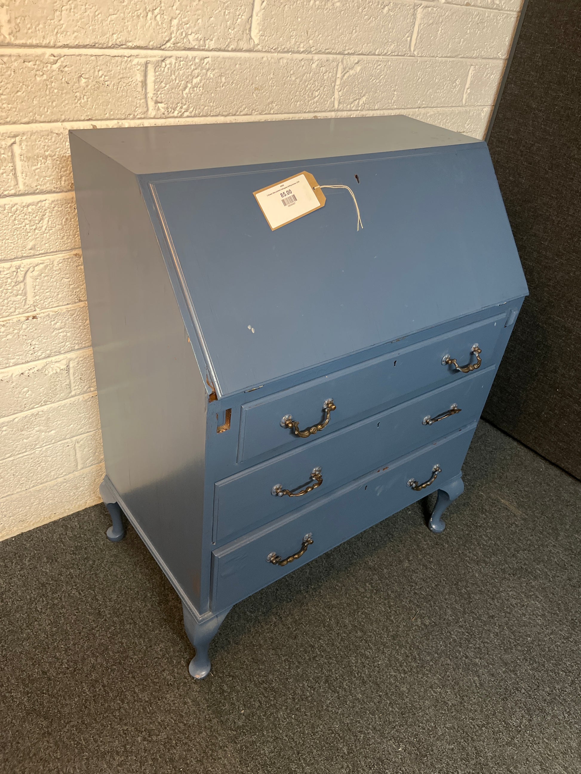 3 drawer blue painted mahogany writing bureau 3225