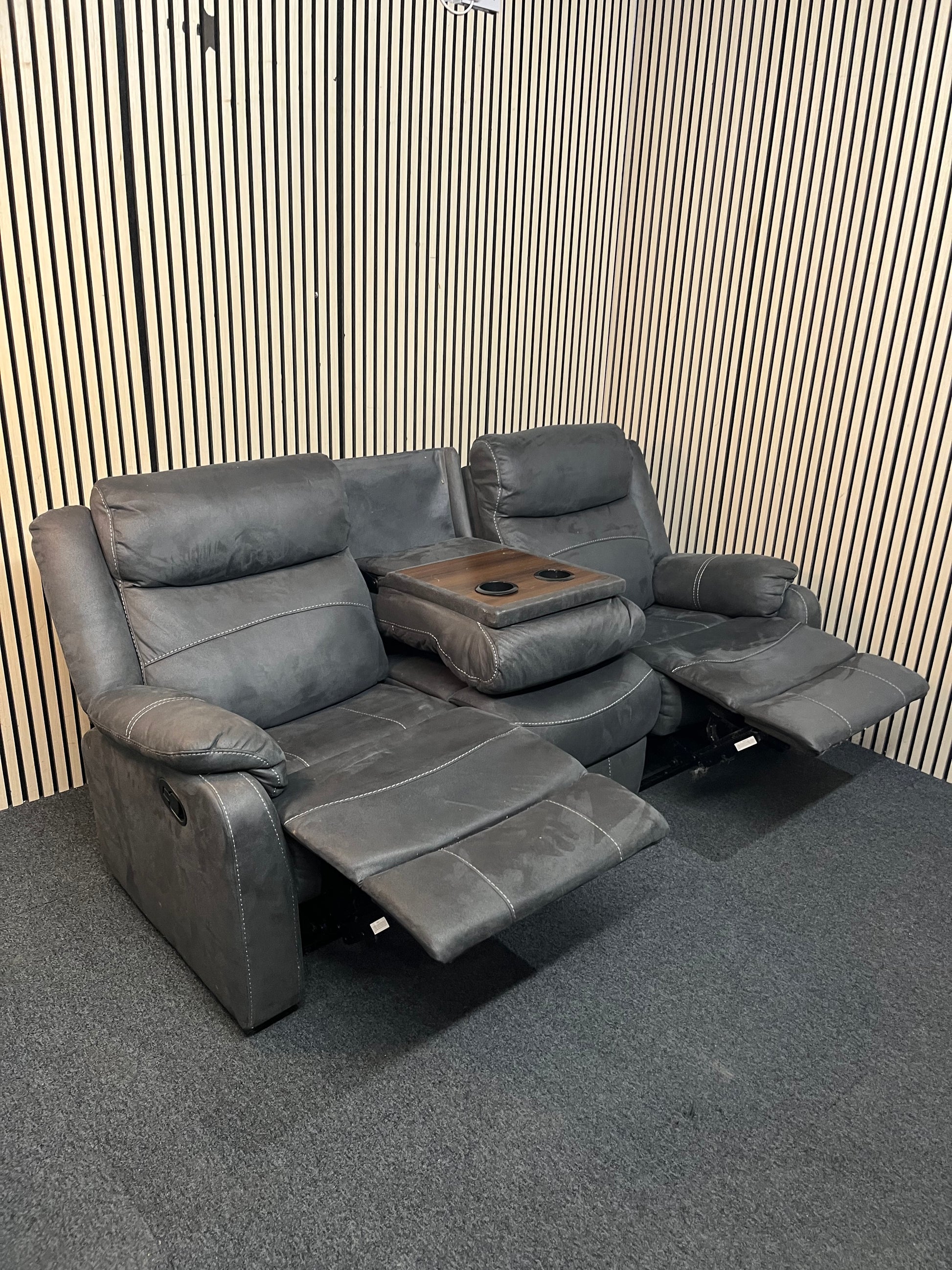 3 seater, dark grey, microfibre recliner sofa. 3126