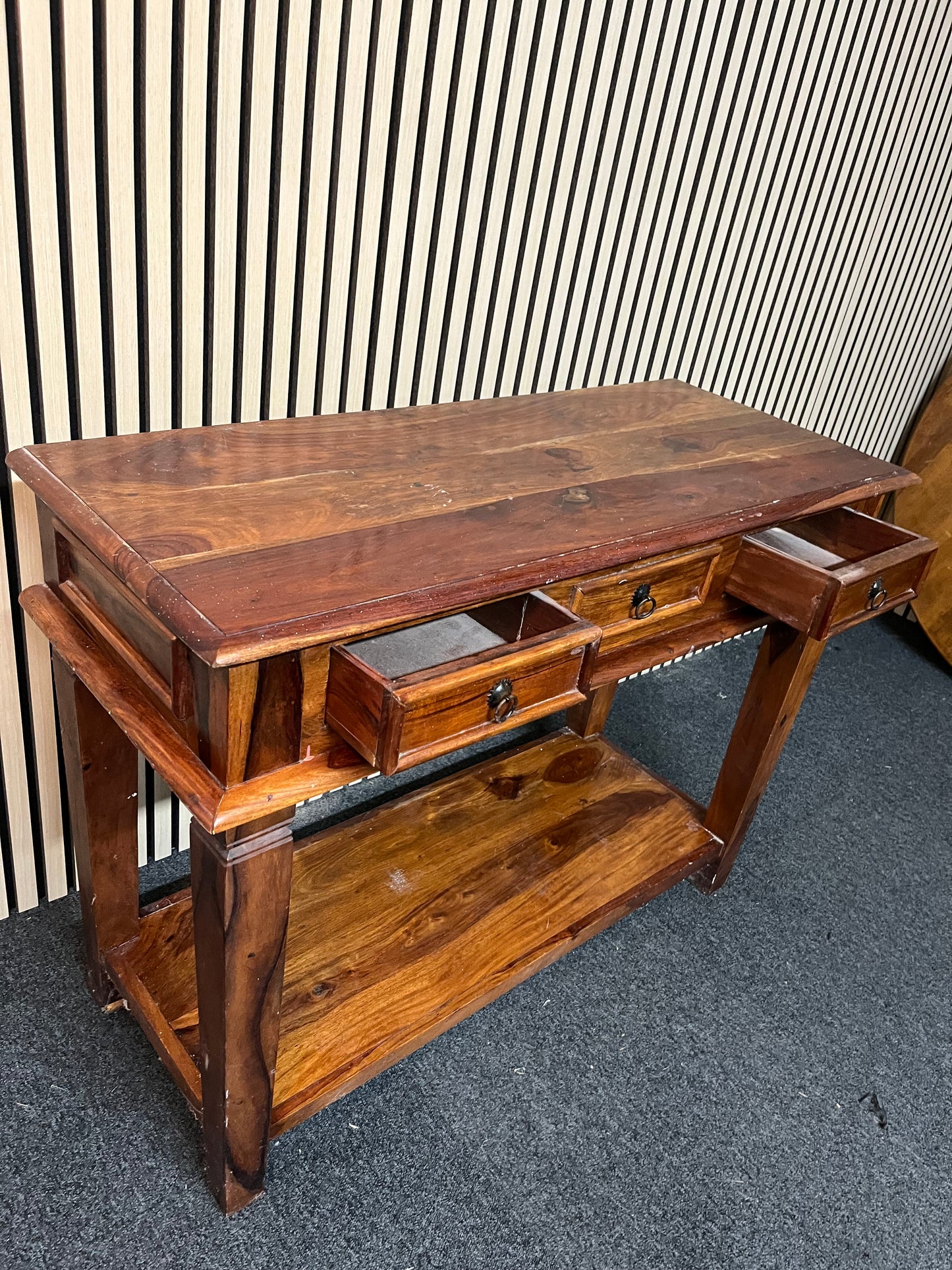 Large solid dark wood stained 3 drawer console table with base shelf 1325p