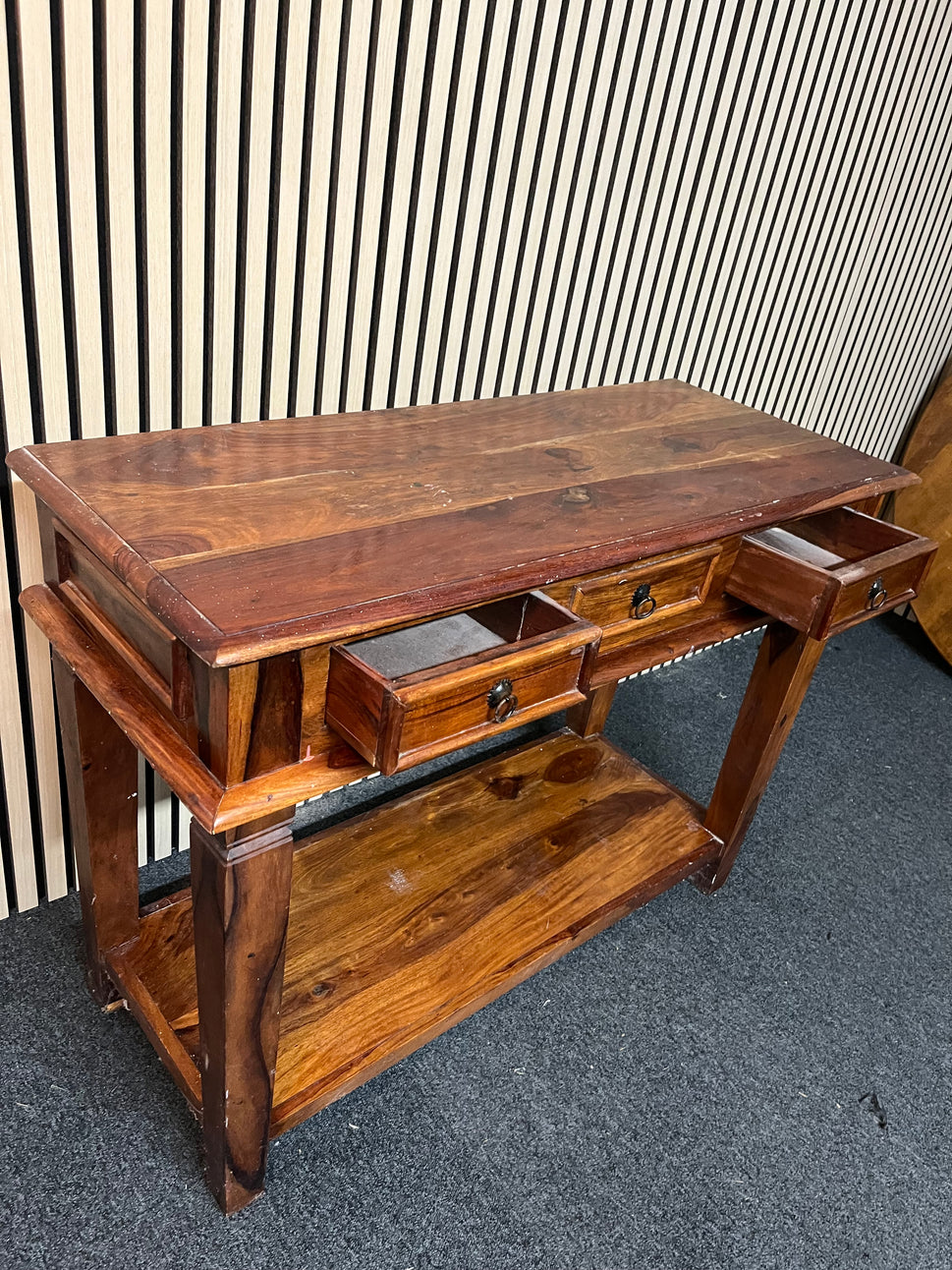 Large solid dark wood stained 3 drawer console table with base shelf 1325p