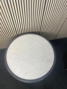 White circular plastic top table with 4 grey metal dining chairs   44652