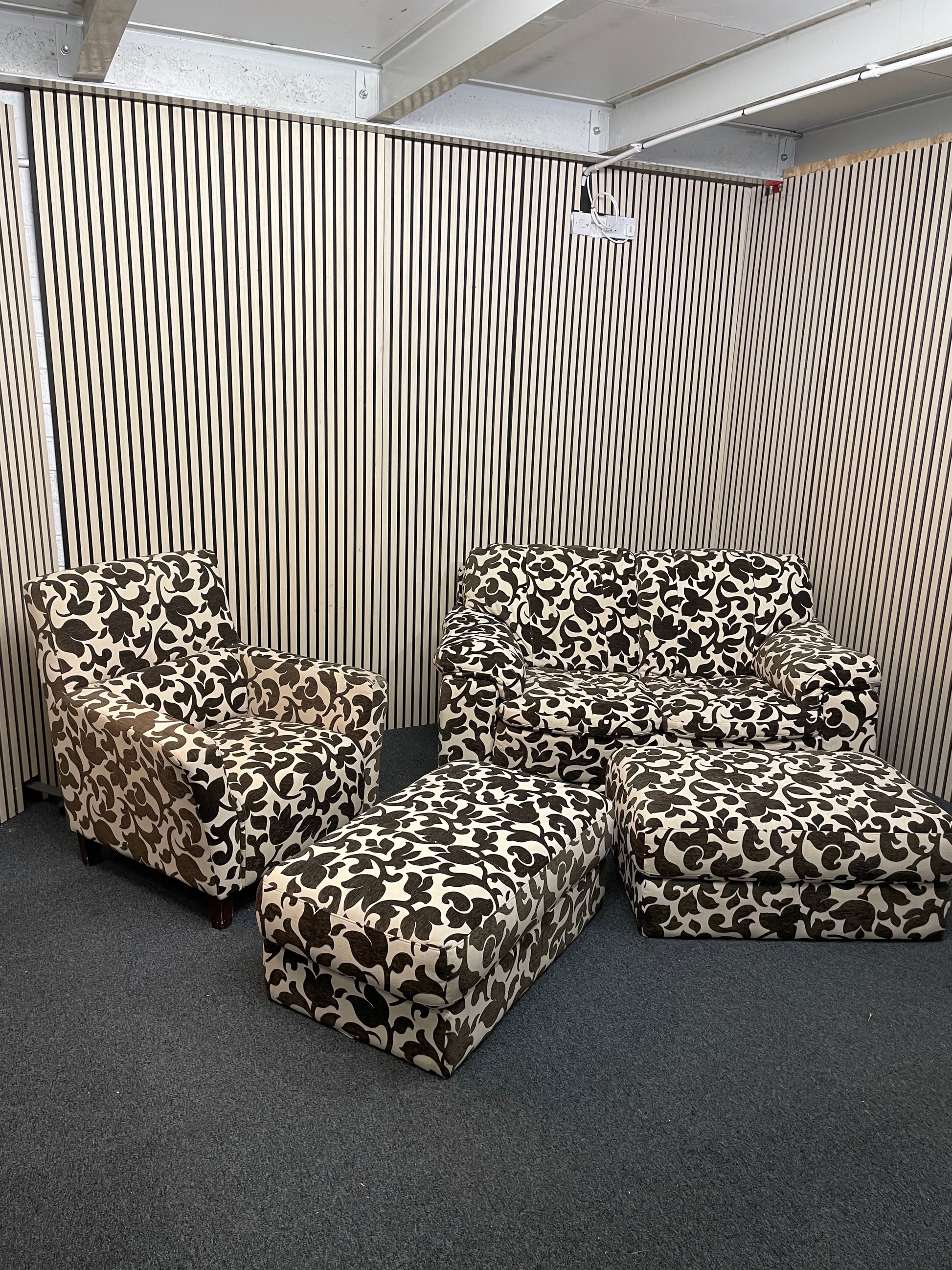 2 seater brown and cream floral fabric sofa (Width 160 cm) with matching armchair and ottomons  4225