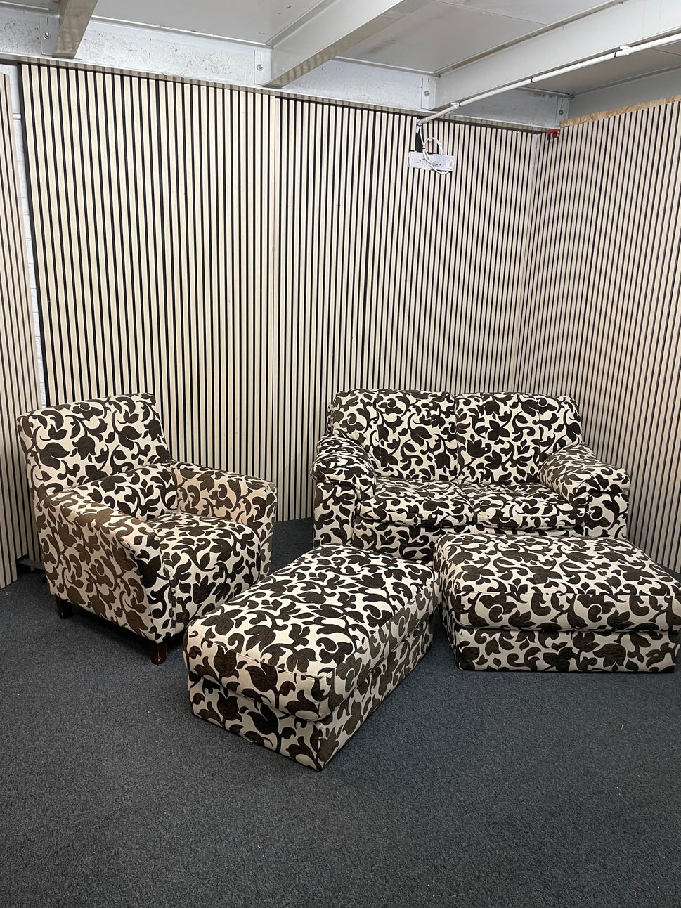 2 seater brown and cream floral fabric sofa (Width 160 cm) with matching armchair and ottomons  4225