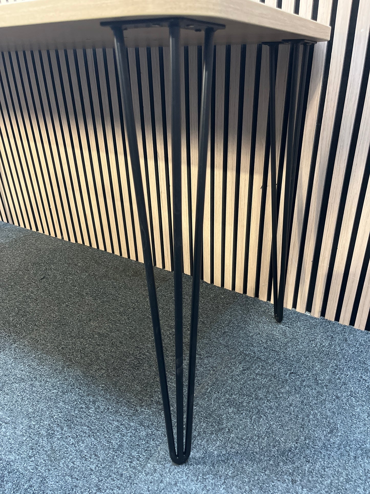 1400 x 600 American oak desk with black metal bobby pin legs