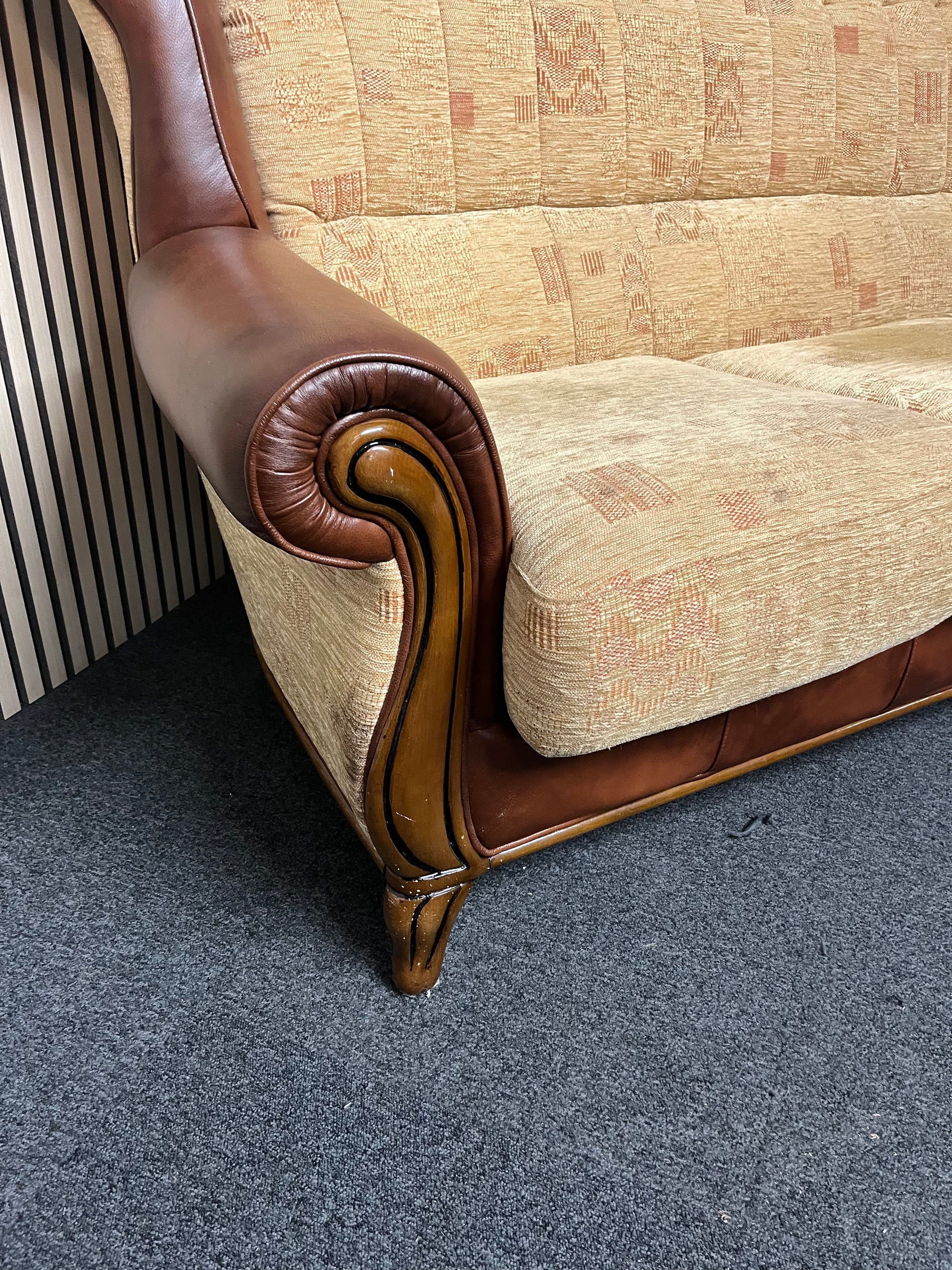 3+1+1 solid wood frame, high back brown leather suite with brown mix fabric cushions and backs