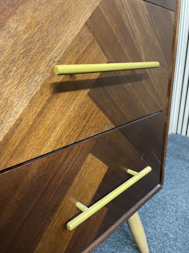 Mid-century style chest featuring herringbone parquet patterns and gold handles (H 106 x W 84 x D 43 cm)  44577
