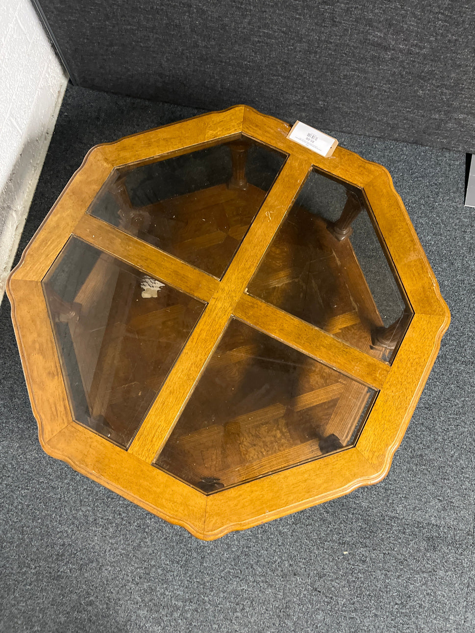 Large low 50p solid wood coffee table with smoked glass sections (H 400 x Radius 950 mm) 1225