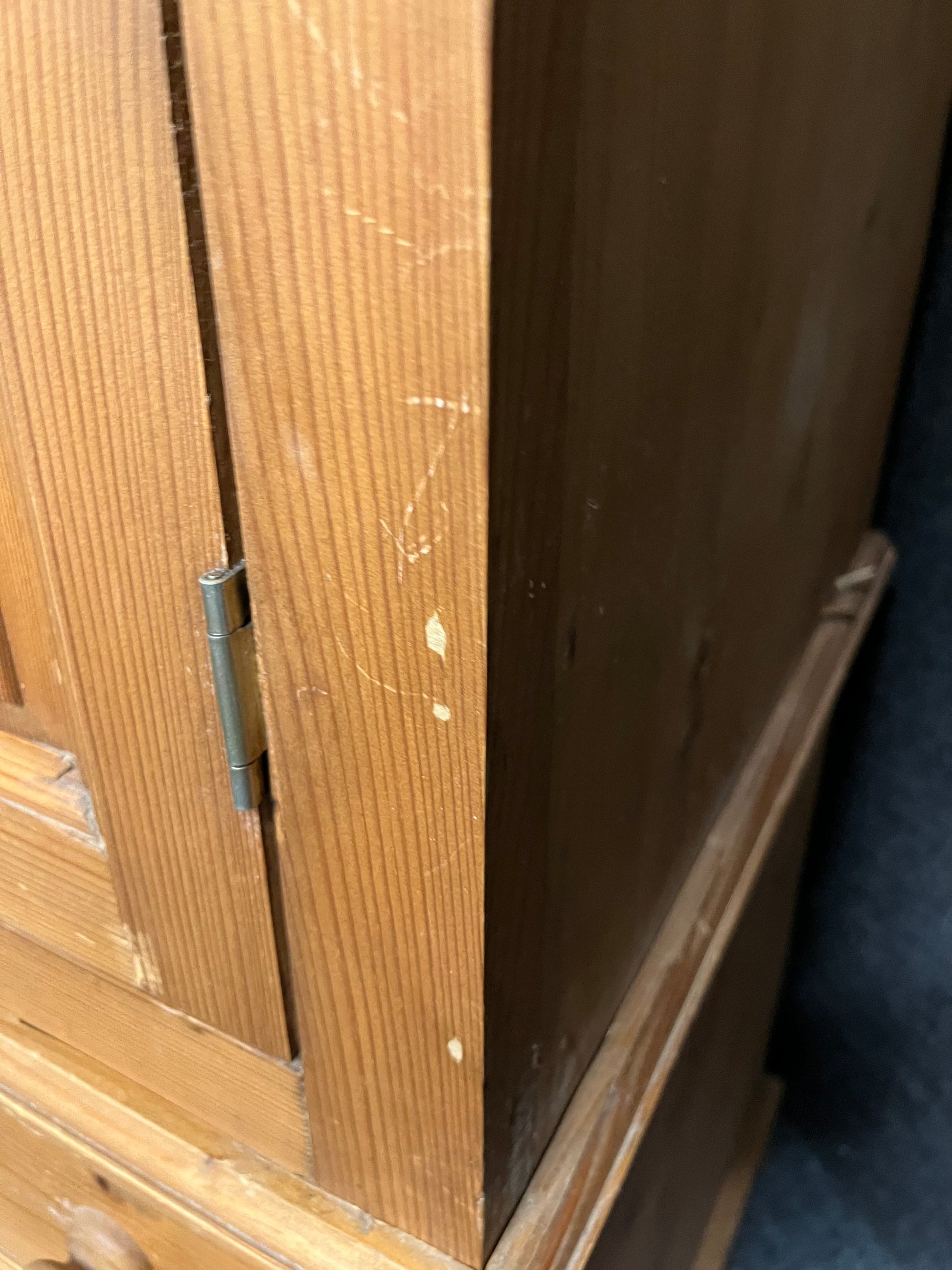 Solid tall pitch pine 3 door 4 drawer wardrobe with ornate pelmet (1480Wx2050Hx630D mm) 1225