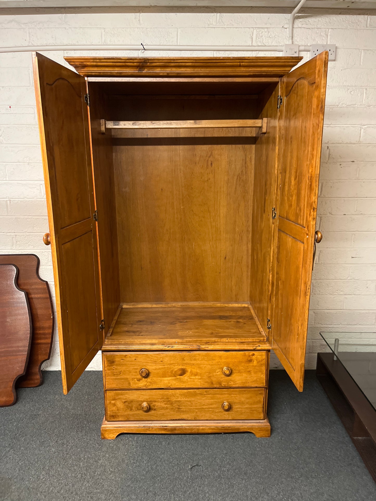 Tall solid pine stained 2 door 2 drawer wardrobe (H 198 x W 105 x D 65 cm) 3225
