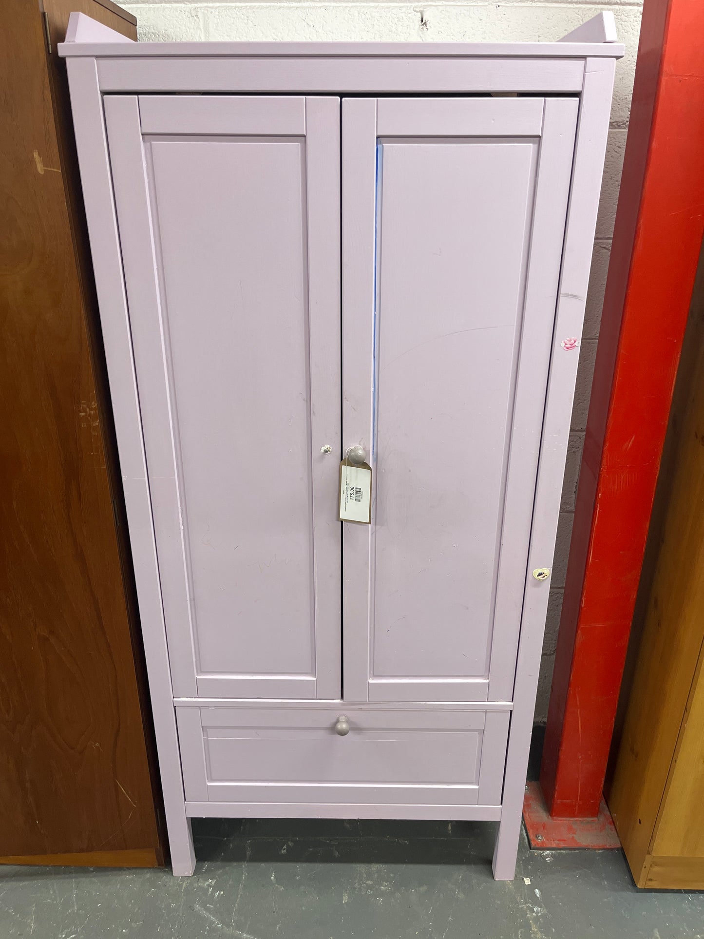 Childrens pink painted wooden 2 door 1 drawer wardrobe (H 170 x W 81 x D 50 cm) 1325