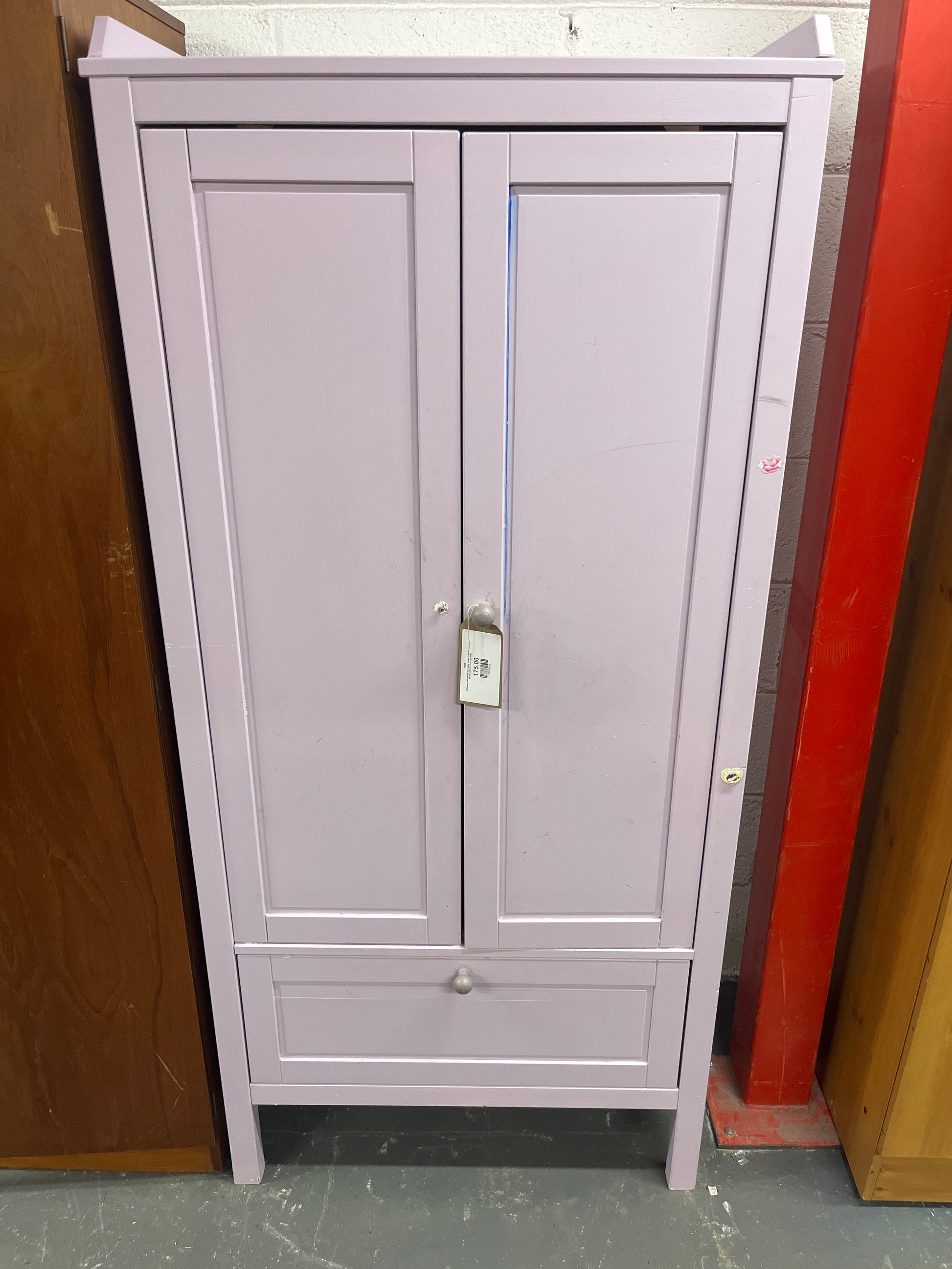 Childrens pink painted wooden 2 door 1 drawer wardrobe (H 170 x W 81 x D 50 cm) 1325
