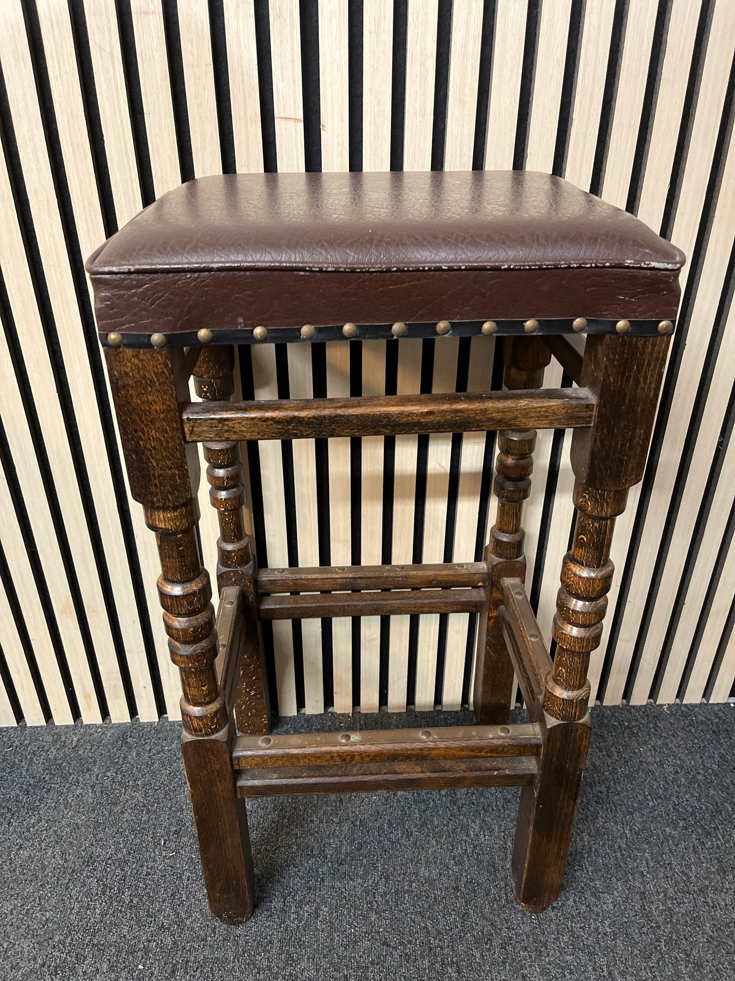 Tall solid wood bar stool with brown leatherette seat top 2425
