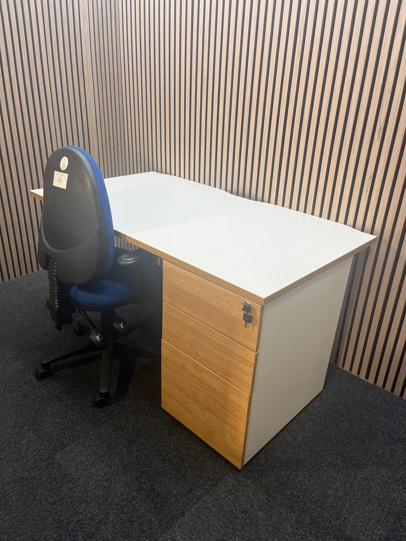 (GRADE A) White and Oak 1400 x 800 desk with push press pedestal + (Grade A) Blue fabric swivel chair bundle