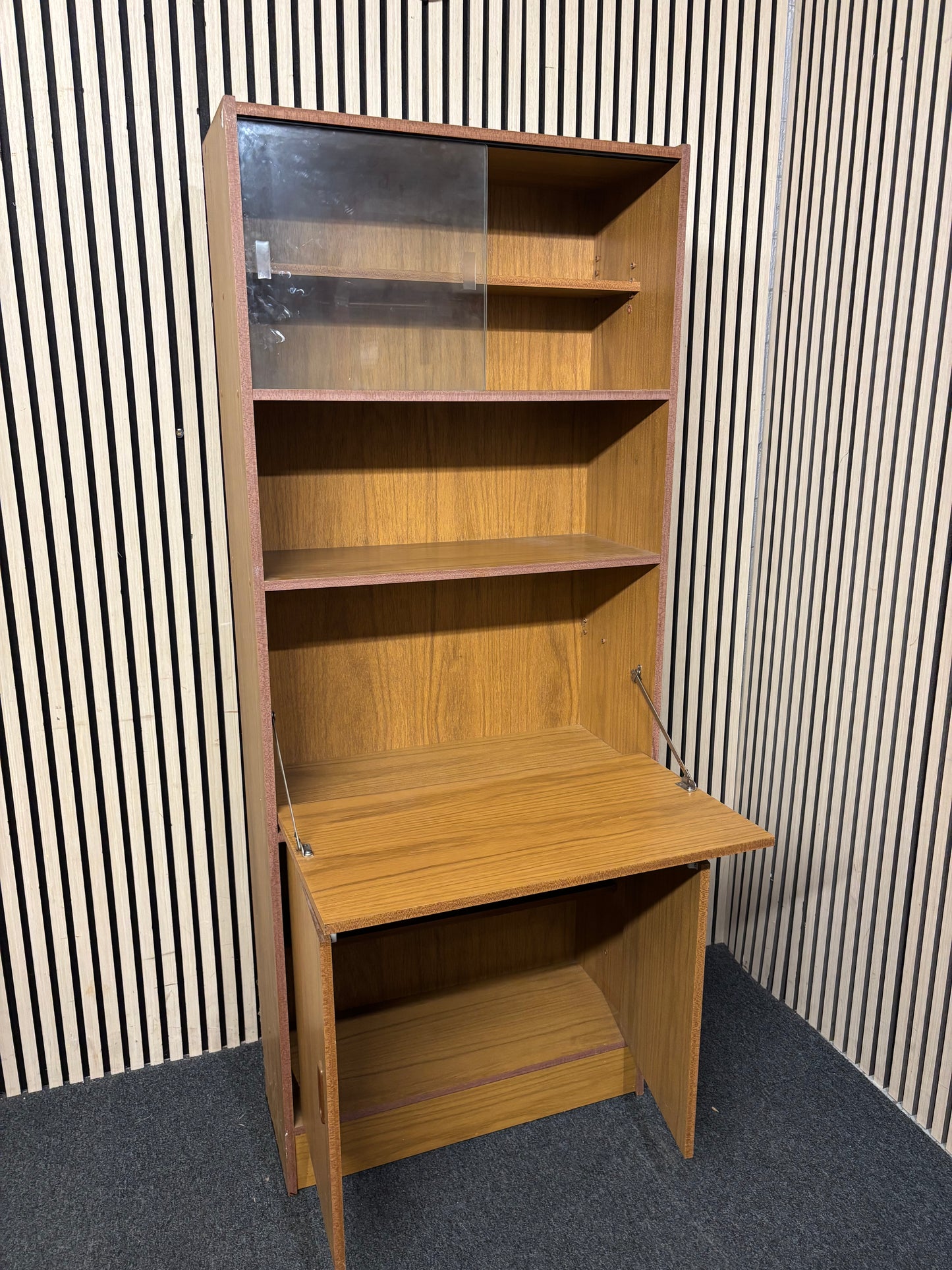 Retro teak 2 door top open mid century display unit with sliding glass top doors (H 180 x W 74 x D 30 cm) 43597