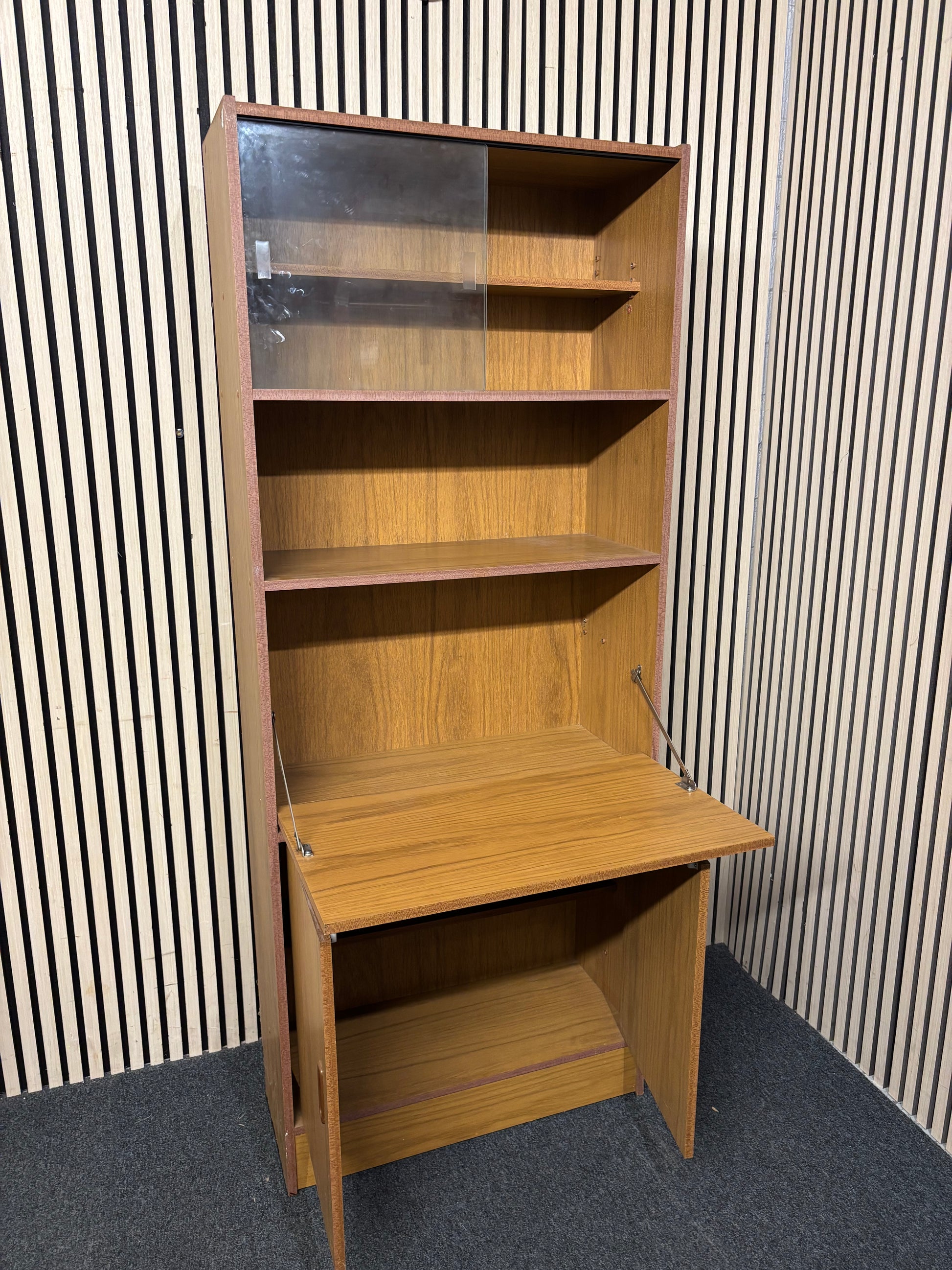 Retro teak 2 door top open mid century display unit with sliding glass top doors (H 180 x W 74 x D 30 cm) 43597