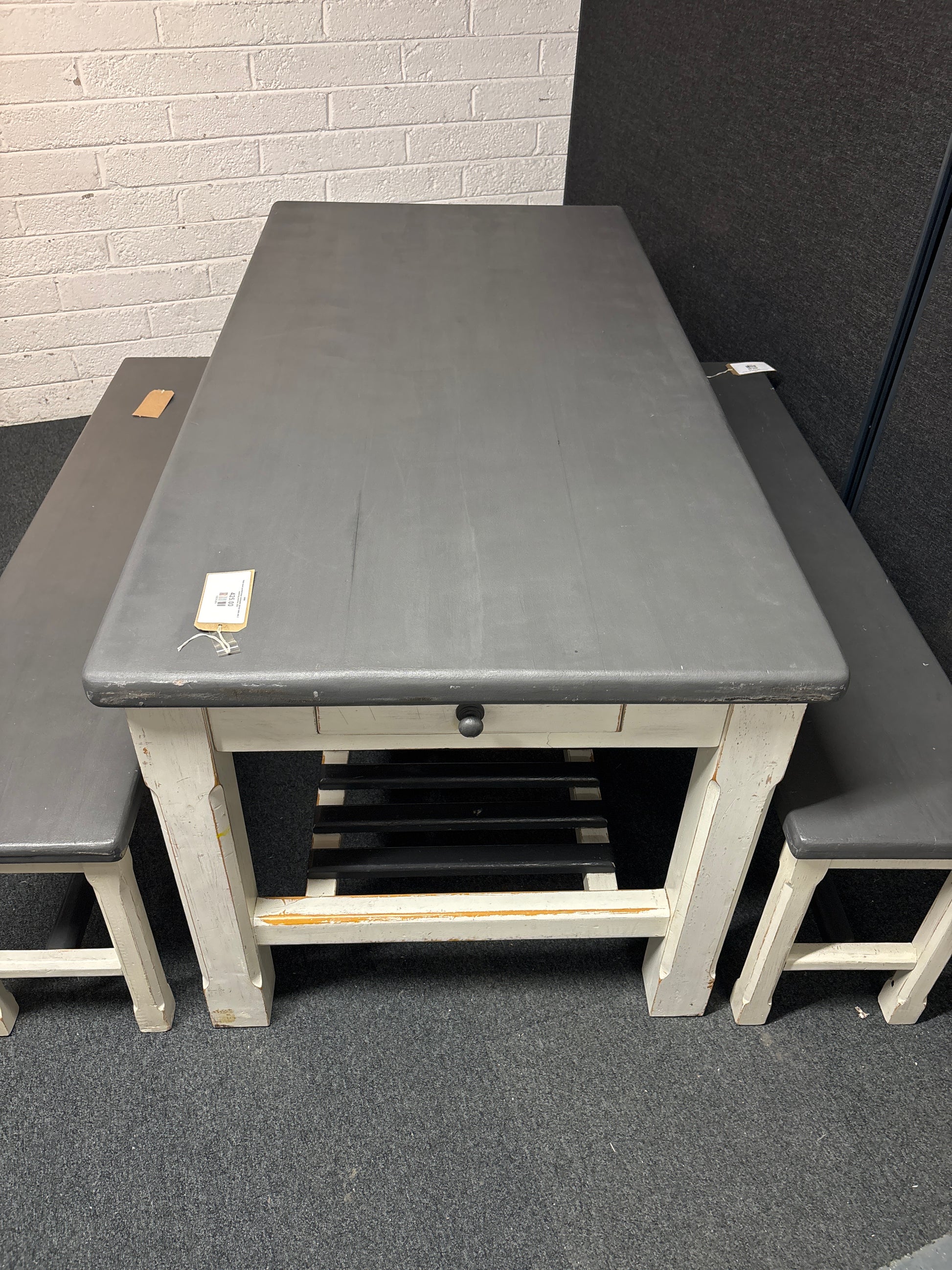 Solid wood painted large rectangular kitchen table with 2 matching benches 3225