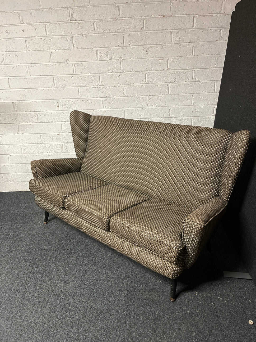 Mid century highback chequered green, dark grey and cream 3 seater sofa 1225