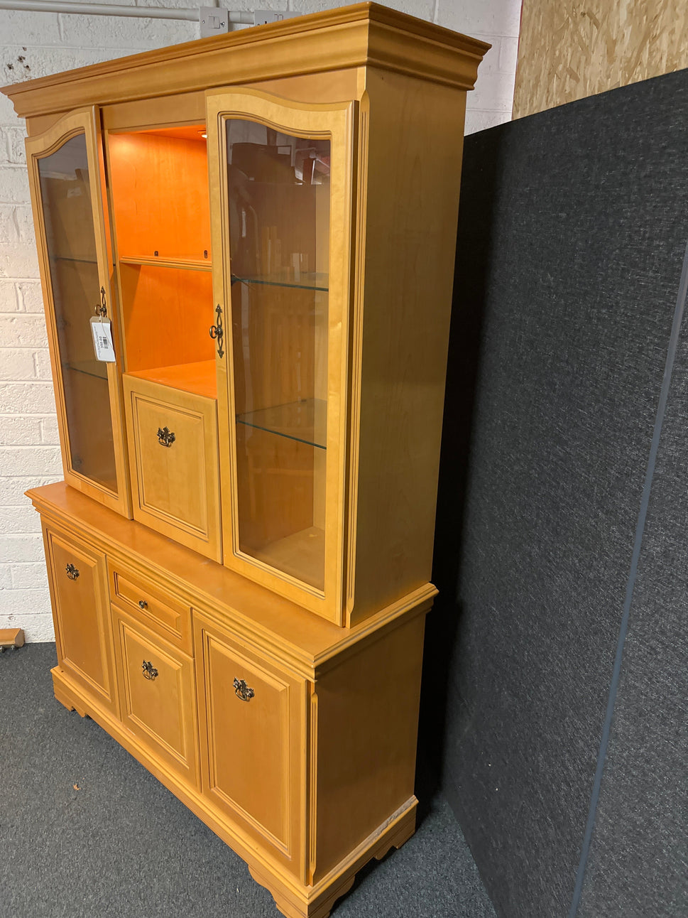 Tall rossmore light stained 2 glass door display unit with base storage 1300Lx430Dx1940H 2225