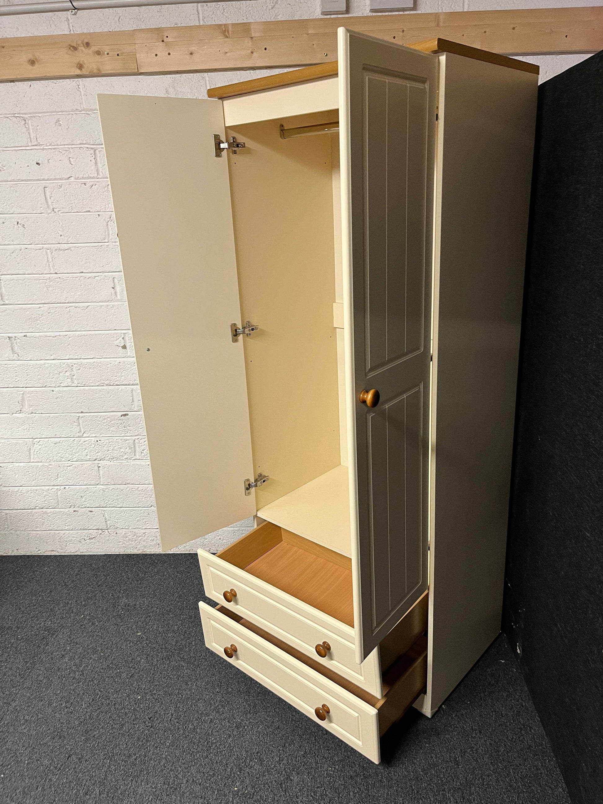 Tall cream and oak laminate 2 door 2 drawer wardrobe (H 1850 x W 740 x D 530 mm) 1225