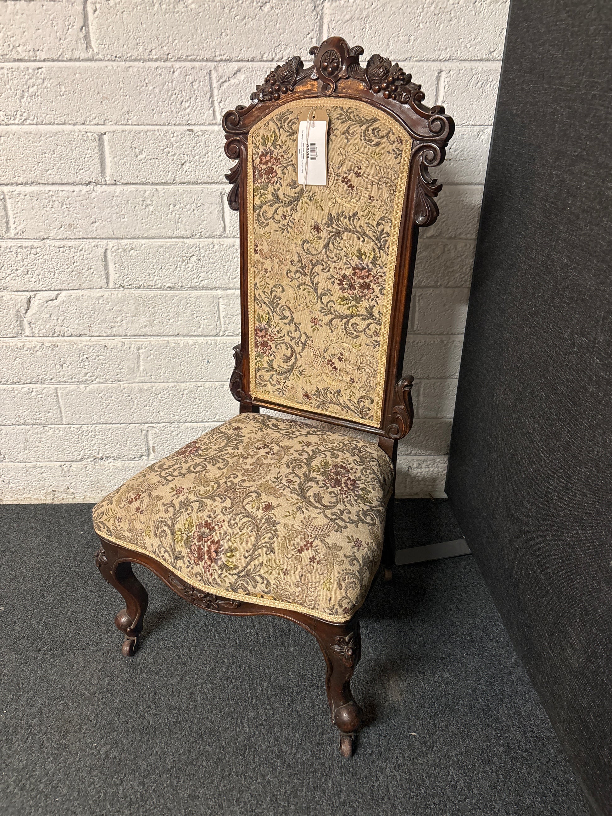 Solid mahogany carved framed occasional chair with tapestry fabric 3225