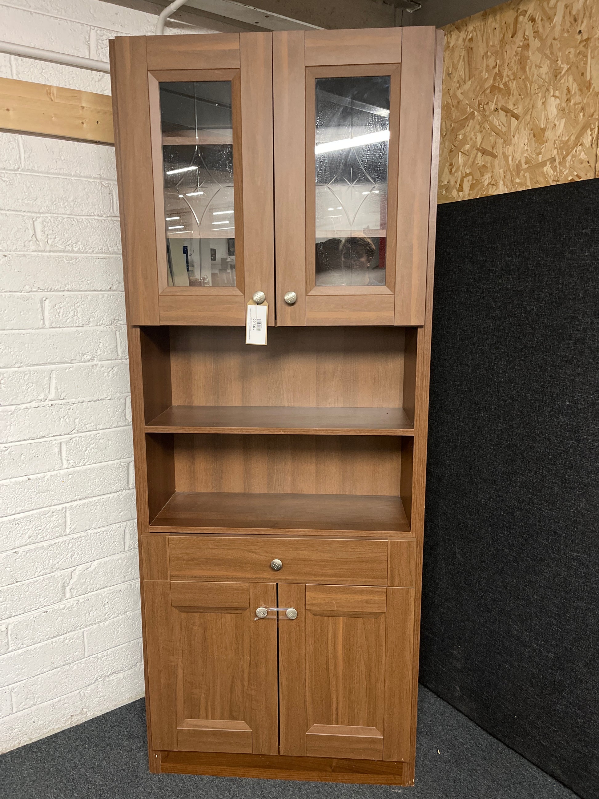 Tall walnut laminate 2 glass door display unit with drawer 2150Hx840Wx300D 2225