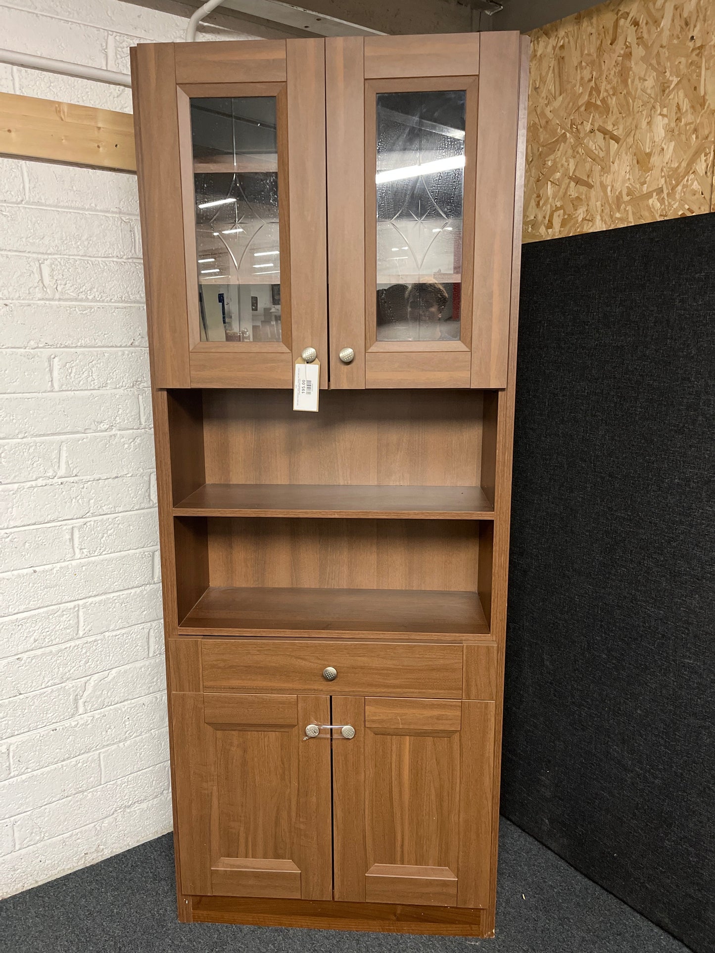 Tall walnut laminate 2 glass door display unit with drawer 2150Hx840Wx300D 2225