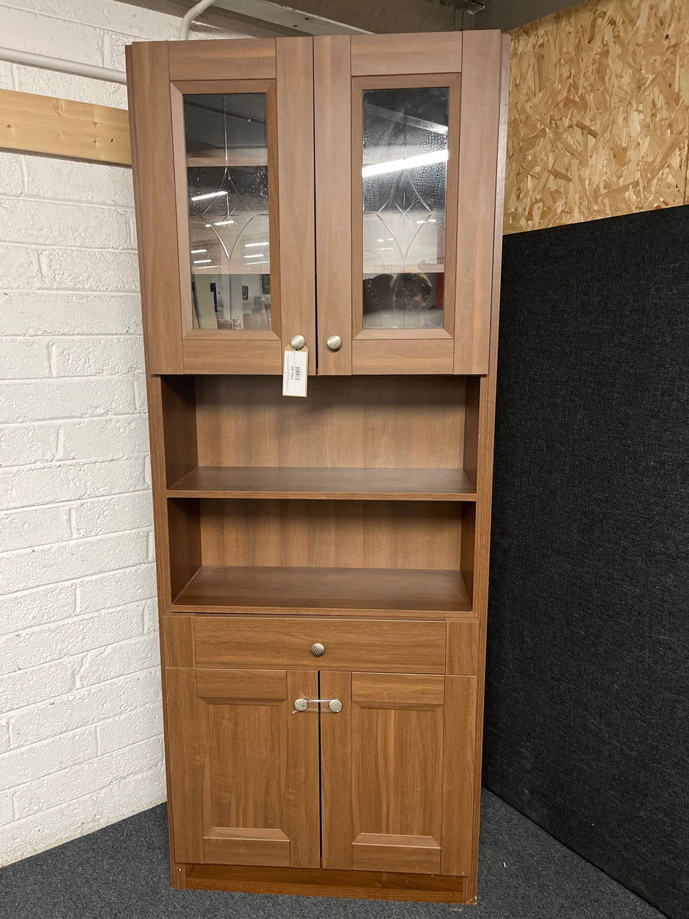 Tall walnut laminate 2 glass door display unit with drawer 2150Hx840Wx300D 2225
