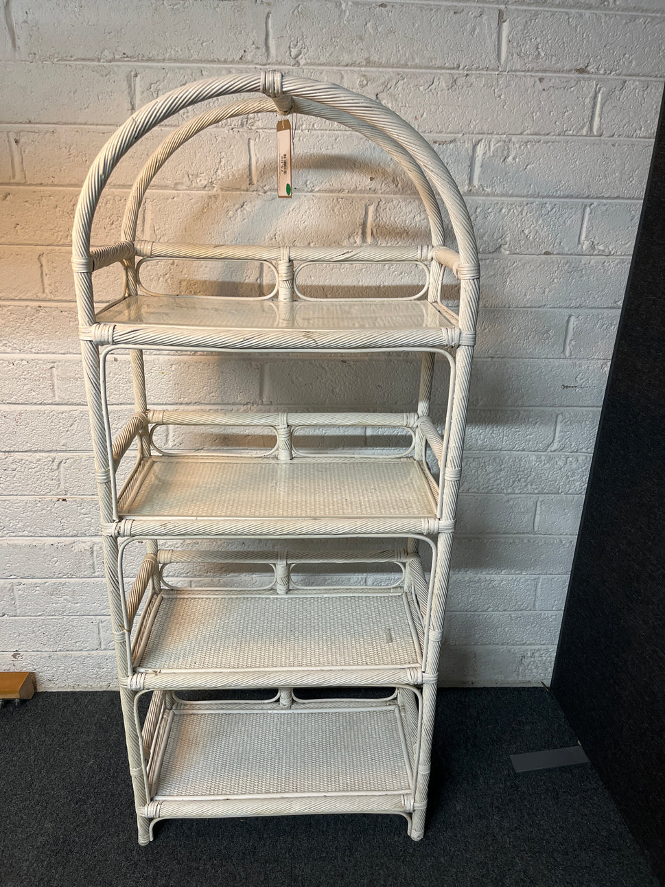 Lloyd Loom style tall white painted cane open bookcase 1450Hx600Wx300D 2225