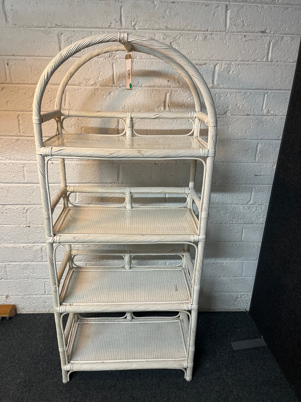 Lloyd Loom style tall white painted cane open bookcase 1450Hx600Wx300D 2225