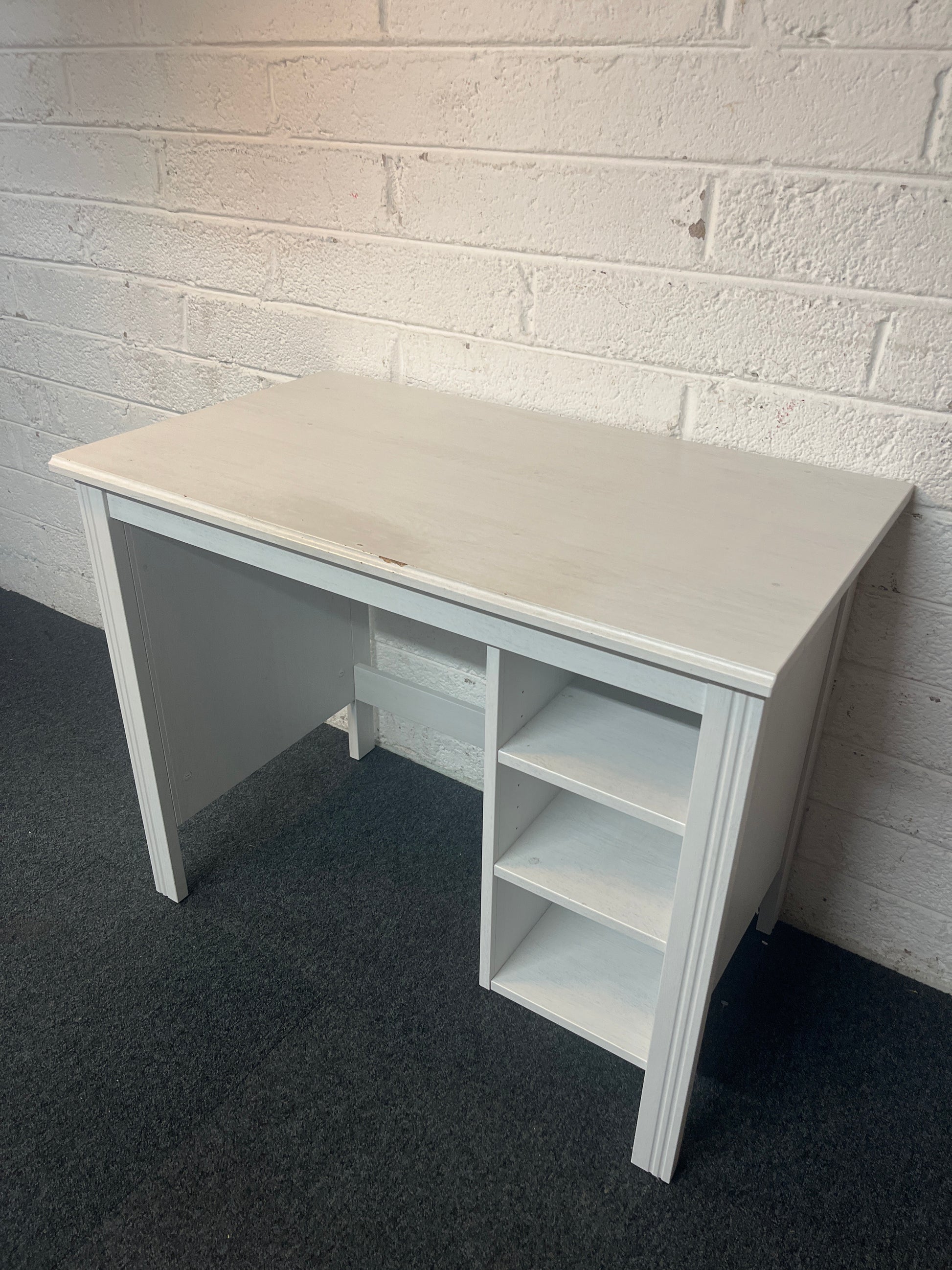 White laminate small straight study desk with fixed shelves 1325