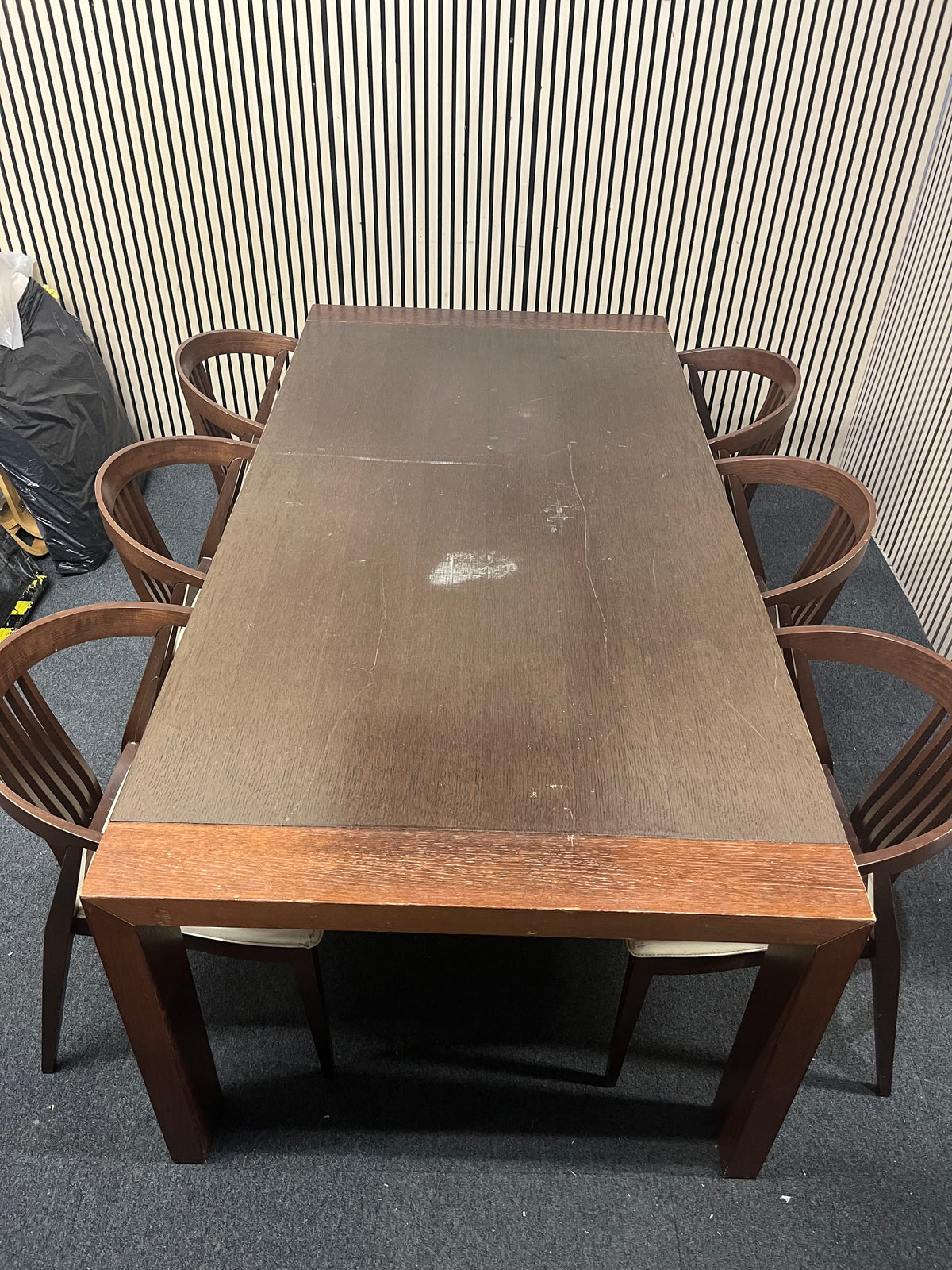 Rectangular dark wood dining set (L 200 x W 100 cm) with 6 no. matching slat-back chairs with cream leather seat  44357