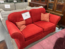 High back deep red fabric two seater sofa, height 88 cm, width 186 cm, depth 92 cm