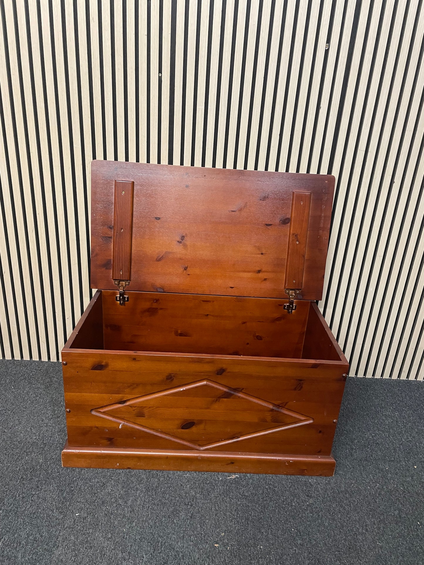 Solid pine, dark wood stained, top open blanket box  1126