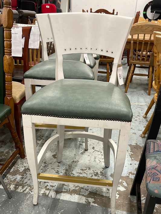 Tall solid wood white painted bar stool with green leatherette seat  1224