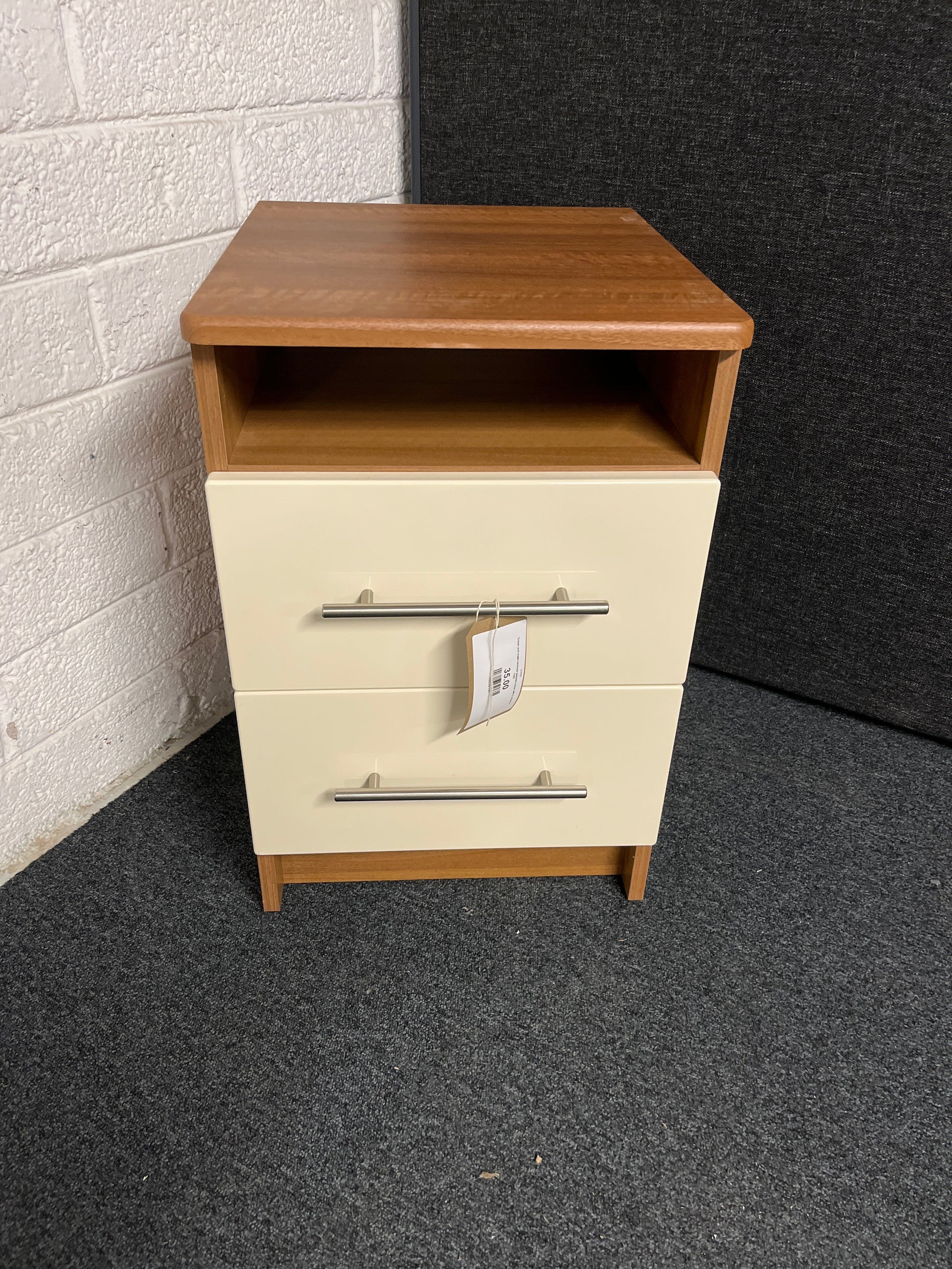 Cream and maple laminate bedside locker with 2 drawers 1225