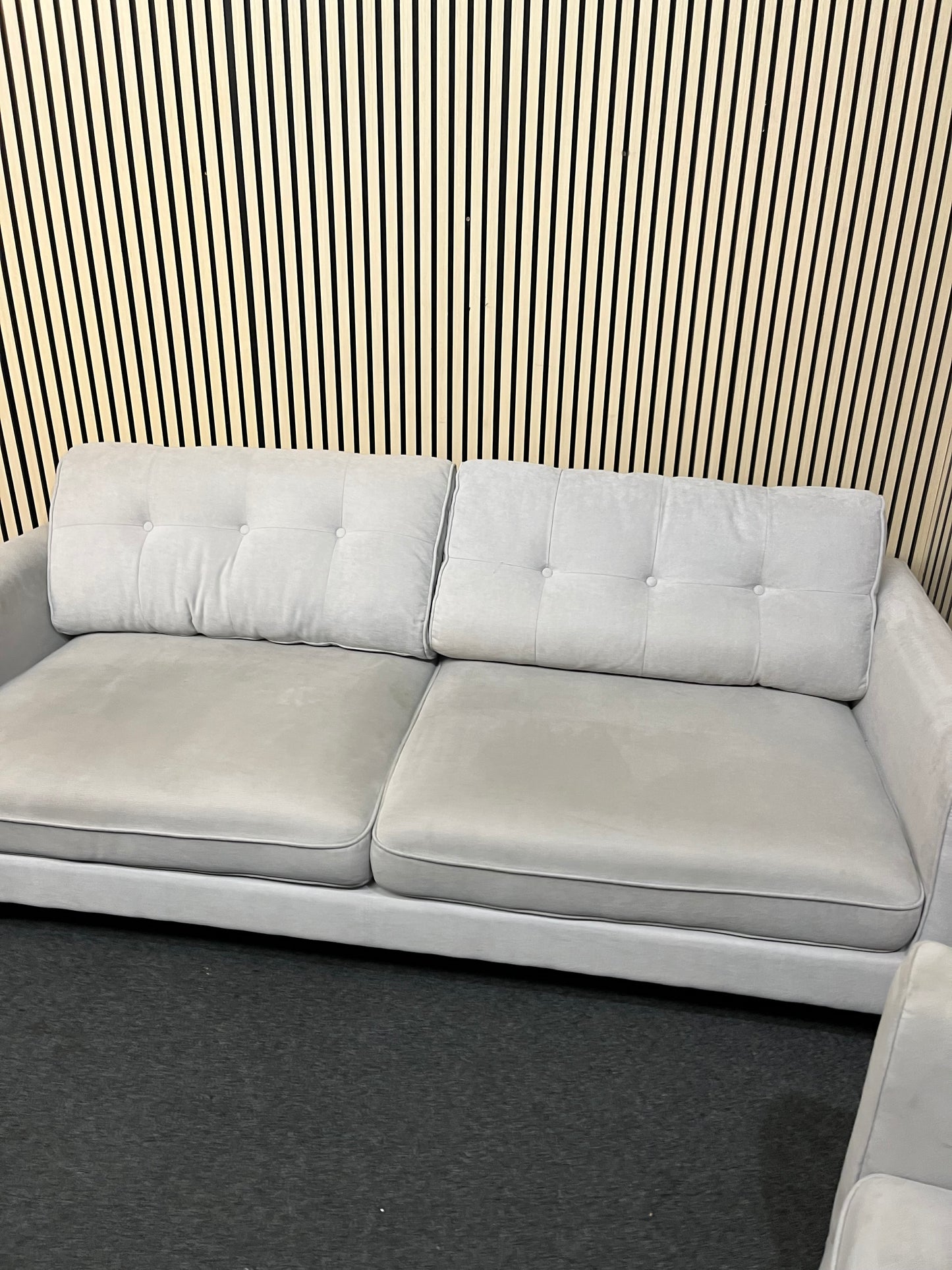 3 seater grey fabric sofa with return and matching armchair 3325