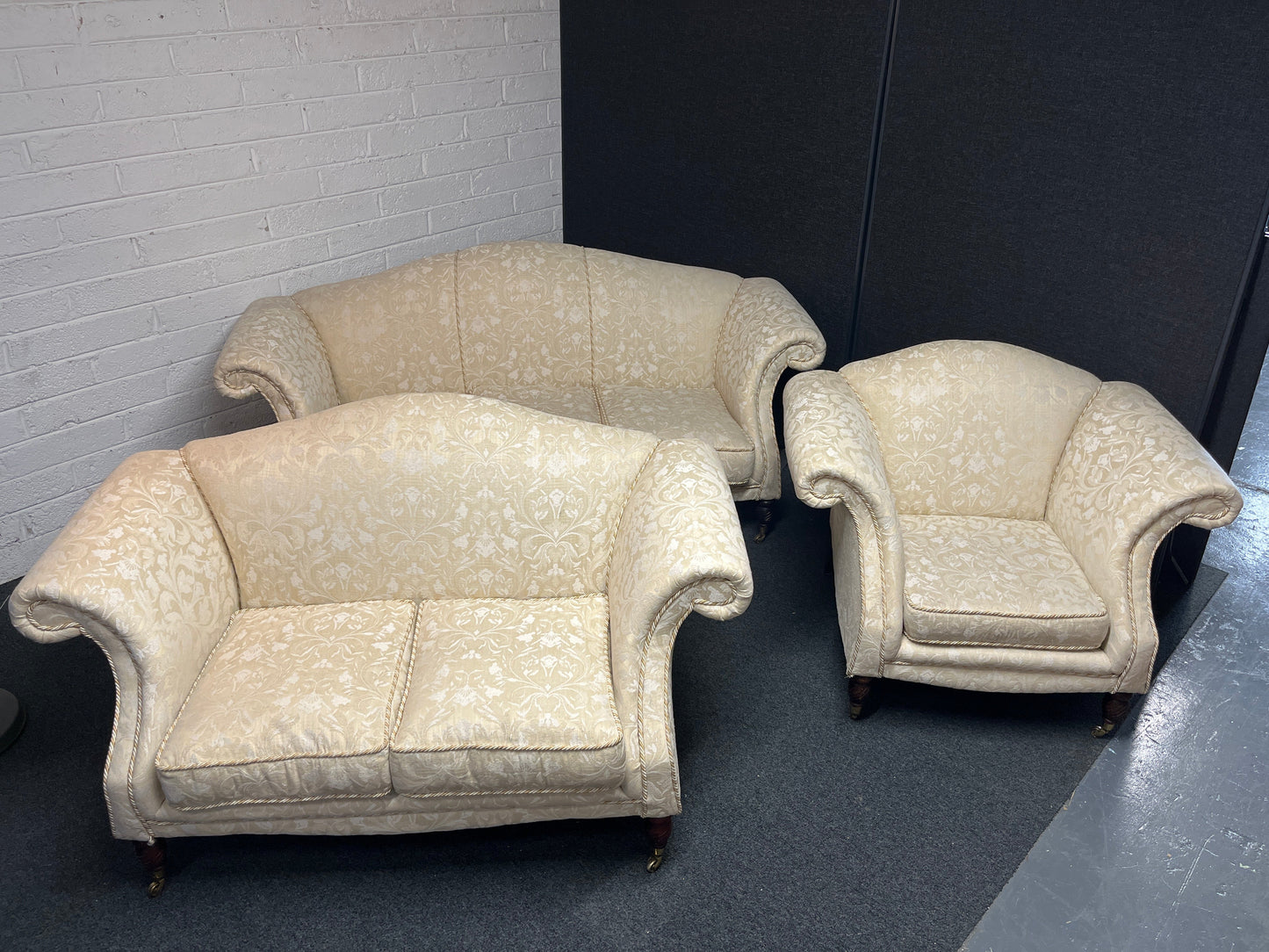 3+2+1 wing back cream mix fabric suite, solid wood frame, brass castors. CAN BE SOLD INDIVIDUALLY IF REQUIRED 2225