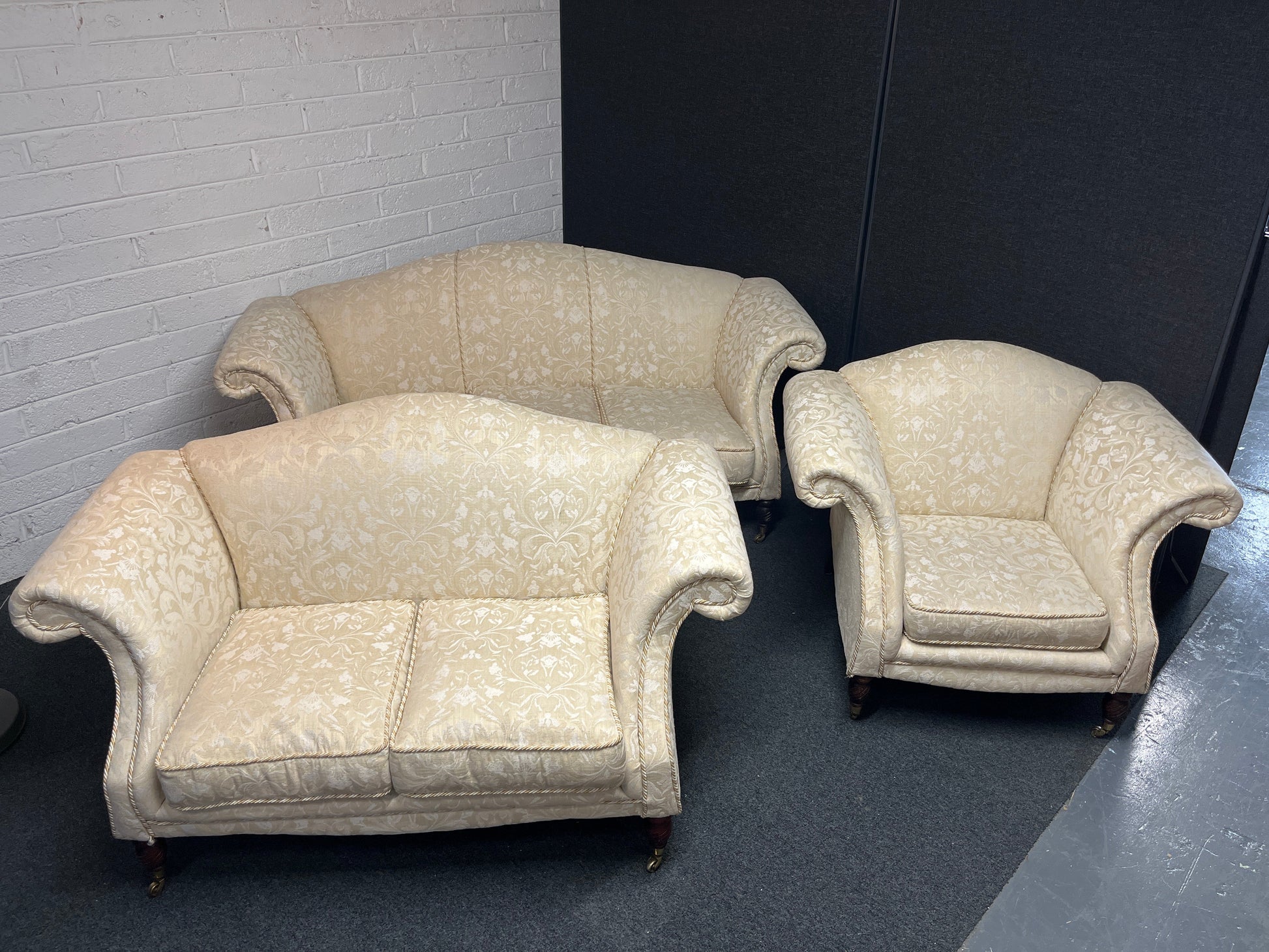 3+2+1 wing back cream mix fabric suite, solid wood frame, brass castors. CAN BE SOLD INDIVIDUALLY IF REQUIRED 2225